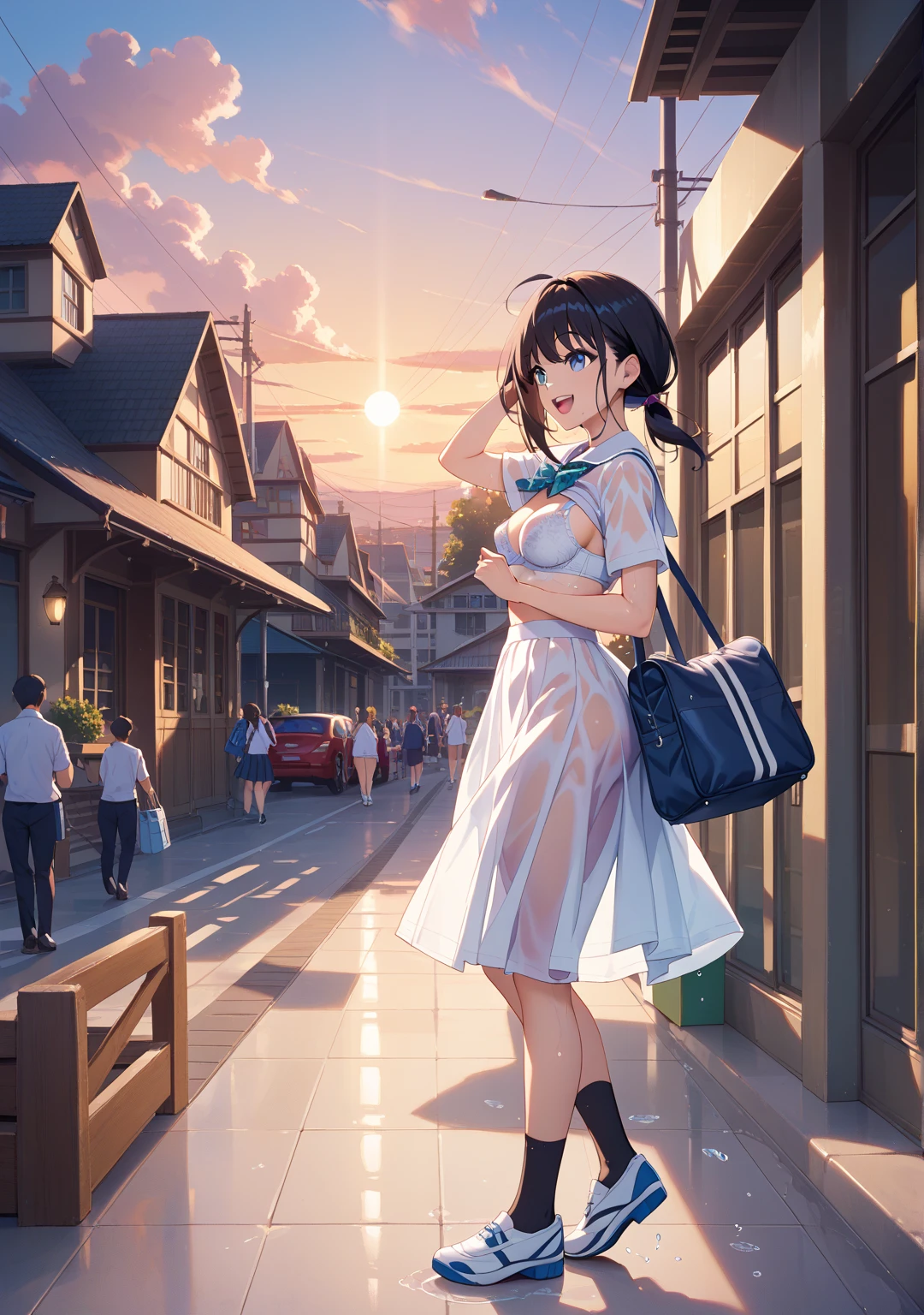(8K, RAW Photos, 最high quality, masterpiece:1.2), high qualityのRAWカラー写真, Professional photo shoot, Cinematic Light, alone, (((young woman, Gal))), (Sharp features), (Small face), (Skin with attention to detail:1.2), clavicle, Cute face, Beautiful appearance, Long eyelashes,Girl Turning Around, smile, (Black Hair, Bobcut、),  Open white shirt、belly button, Very short grey pleated mini skirt, Black sneakers, Backpack,  Night Park, Confident attitude, Capture the happy moment, Artistic painting,Attractive thighs, (Very nice touch:1.2),はにかんだsmile), Peaceful atmosphere, Oil painting style, Bright colors, (Are standing:1.5, Sunrise Coast, Full body portrait), Smooth texture, Gazing Eyes, Beautiful Skin, Shiny skin, ((Perfect Fingers, Five Fingers, Anatomically correct)), Background Blur, high quality, Surreal, ((Very detailed, photo shoot)),Many people々々、blush、plump、White skin、A bag full of stuffed toys、((Backlight))、Beautiful Eyes、Face close-up、Transparent pleated skirt、Transparent shirt、Fluttering in the wind