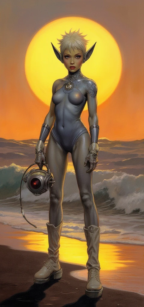 a female robot, black bikini, <lora:SexyRobots-XL:0.7>, sitting on a rock, holding a drink, on an alien planet, detailed scene, HDR, intricate details, dark night, stars, milkyway