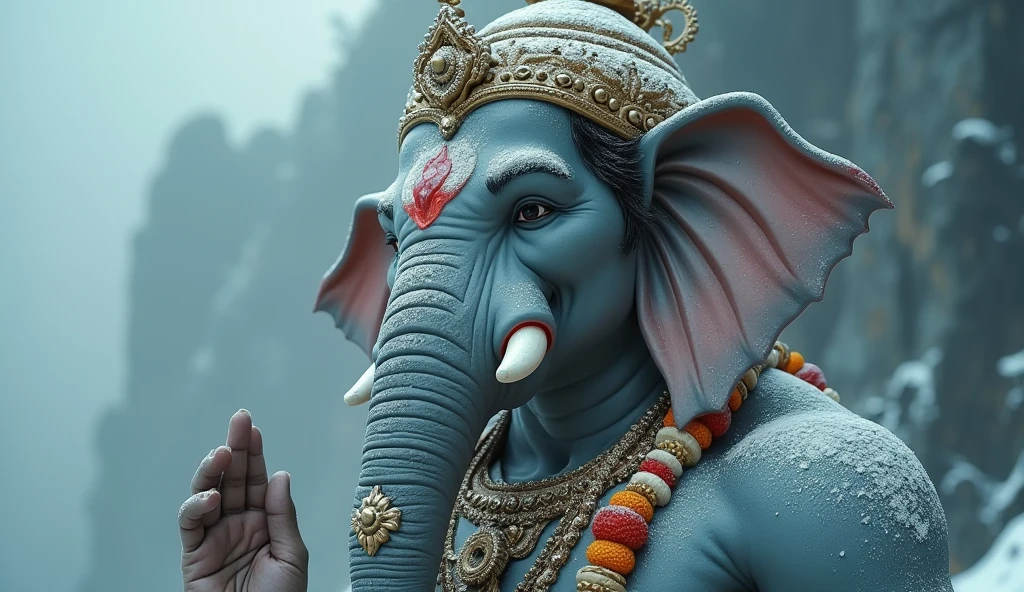 A 20 year old Indian man artist is making the crown of a large statue of Lord Ganesha standing back and looking at the camera
