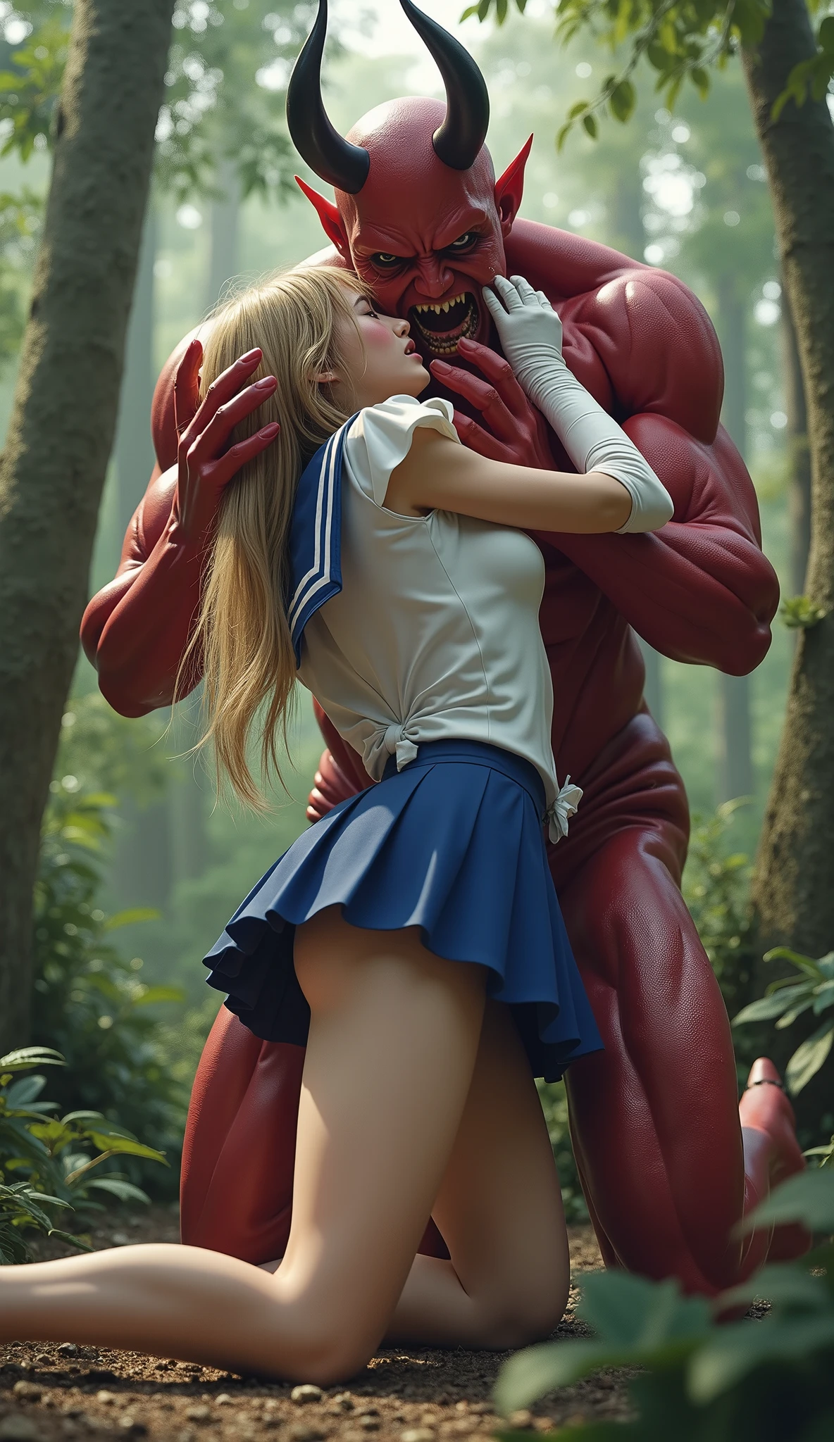 Hyperrealism, masterpiece, highest quality, A young Japanese woman is kneeling face to a tall devil, ((she is crying and screaming in pain)), tears from her eyes, painful face, she is wearing a Sailor Moon costume, Blue sailor collar, Blue short mini pleated skirt, she is wearing a very short blue mini pleated skirt, (upskirt), Long white gloves, shiny beige color pantyhose, Exposed thighs, red long boots, big choker, long blonde Hair, (a tall devil is standing in front of her face), his crotch is on her face, the devil is holding her head tightly and push his private part into her mouth, in the jungle,