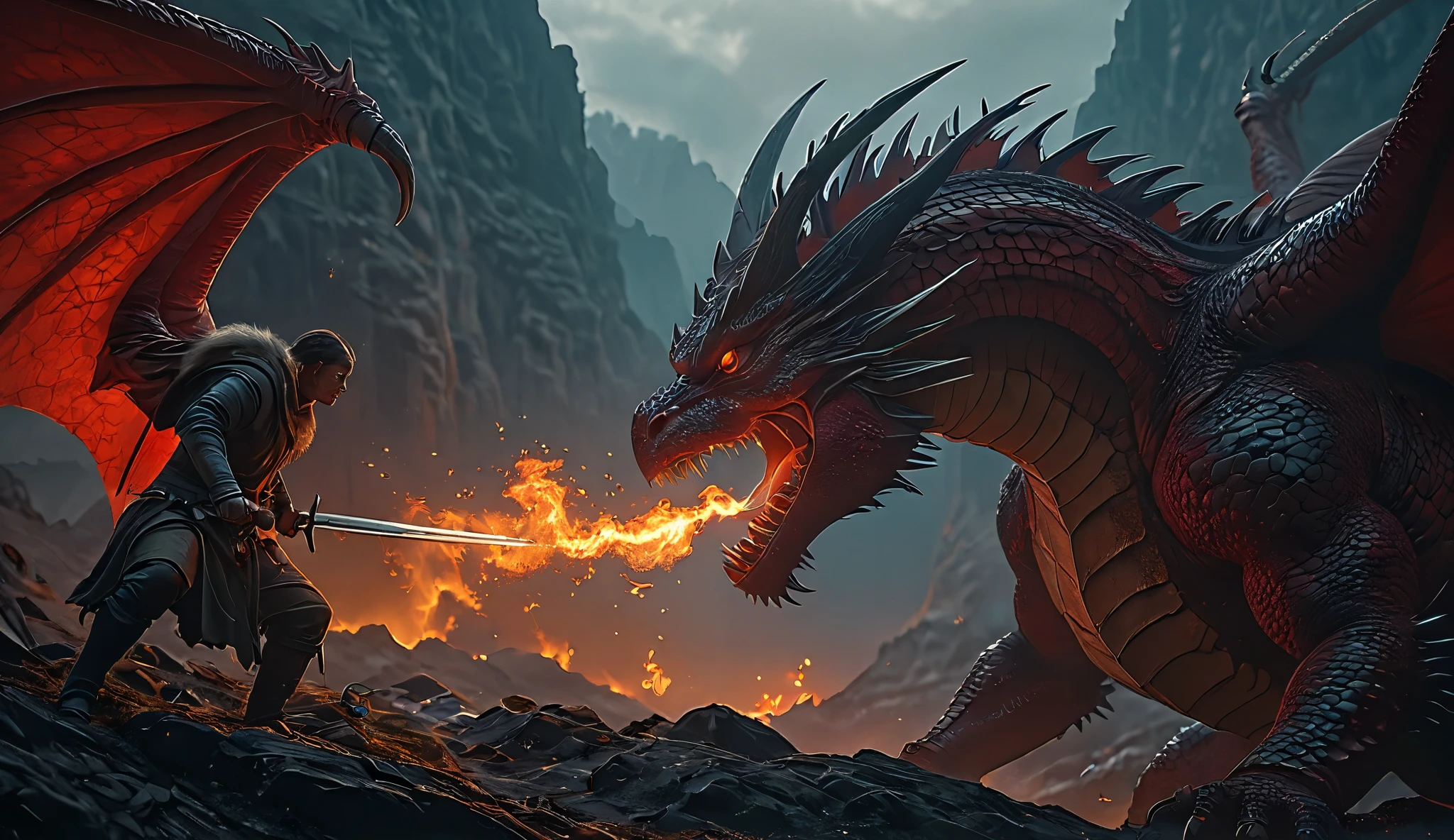 a (man) with a fur cloak fighting a scary ((red dragon)) with a sword, ultra realistica highly detailed, photorealistic, hyper-realistic, 8K, HDR portrait of a man with a thick fur cloak, intense gaze, weathered face, sword in hand, battling a terrifying, massive red dragon with sharp scales, horns, wings, fiery breath, in a dark, moody, dramatic fantasy landscape, cinematic lighting, moody atmosphere, intricate details, rich colors