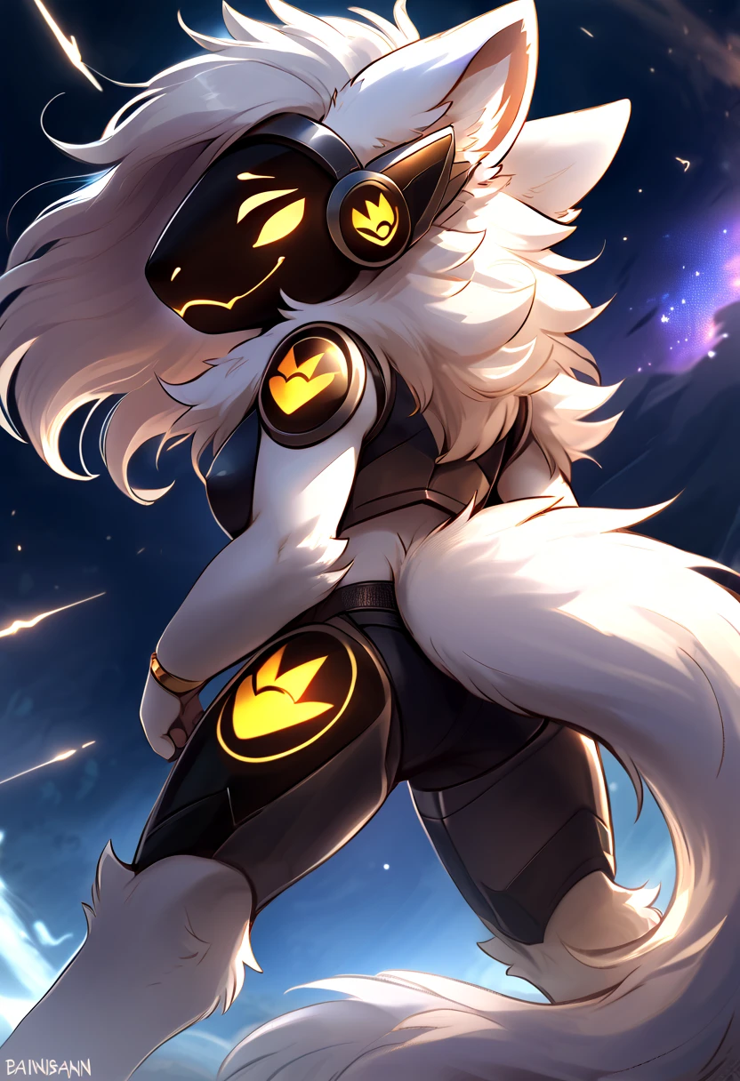 Female Protogen, big hips, big breasts, big thighs, big ass, black hair, black gray yellow fur, black fluffy tail attached to back of pelvis, and yellowish highlights. Yellow glowing eyes, black fur tufts, wearing black armor that covers her chest and thighs and ass, tall, smile,2d,4k,8k,detailed,hi res,absurd res, collar, in space