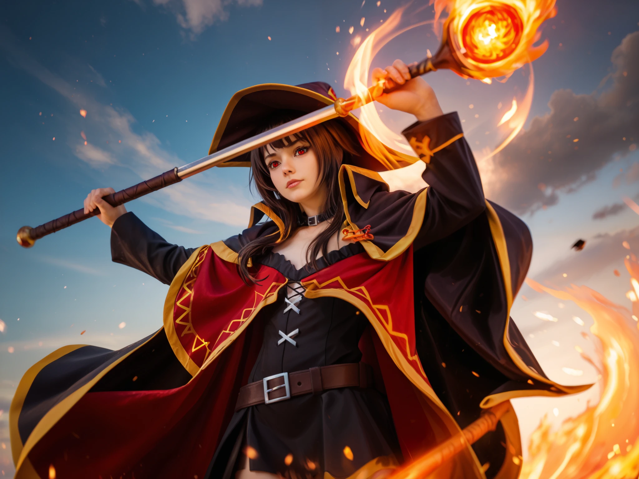 A stunning and ultra-realistic depiction of an adult version of Megumin from KonoSuba, standing in a powerful and dynamic pose, wielding her signature staff while casting an explosive fire spell. Her red and black mage outfit is slightly modified to fit a mature and powerful look, with intricate gold embroidery and a flowing cape billowing in the wind. Her expression is fierce yet confident, with her signature eye patch and glowing crimson eyes reflecting the fire’s intense light. The background is engulfed in swirling flames and embers, illuminating the scene with a dramatic and cinematic glow. The firelight highlights the details of her outfit, her flowing dark hair, and the magical energy radiating from her spell. High-detail textures on clothing and skin, realistic lighting and reflections, ultra-HD resolution. Photorealistic anime hybrid, shot with a Canon EOS R5, f/1.8 aperture, cinematic lighting, dynamic angle, dramatic composition. --ar 16:9 --v 6 --q 2 --style raw