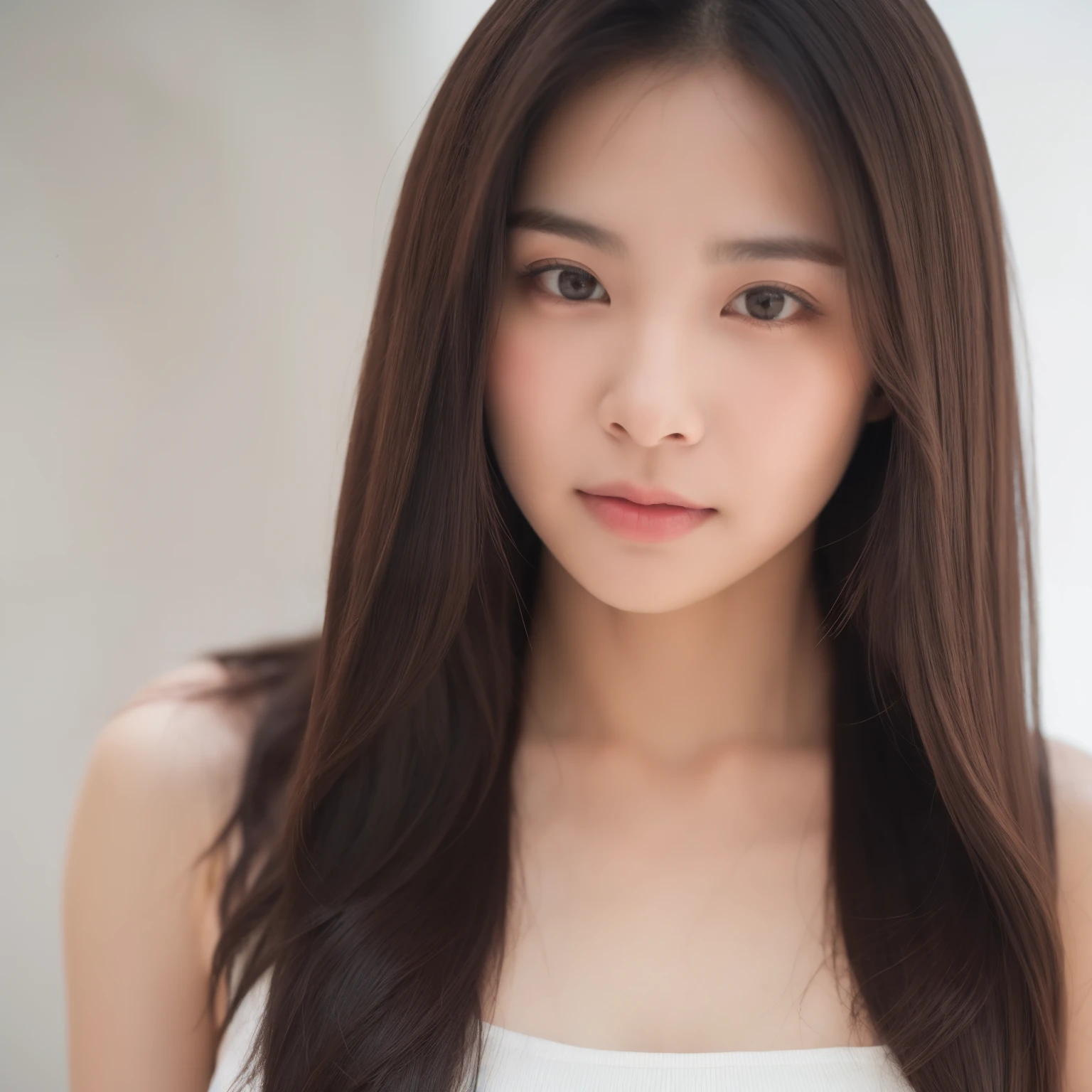 Portrait, A Woman, look at viewer, long hair, tank top, white background, straight face, symmetrical face