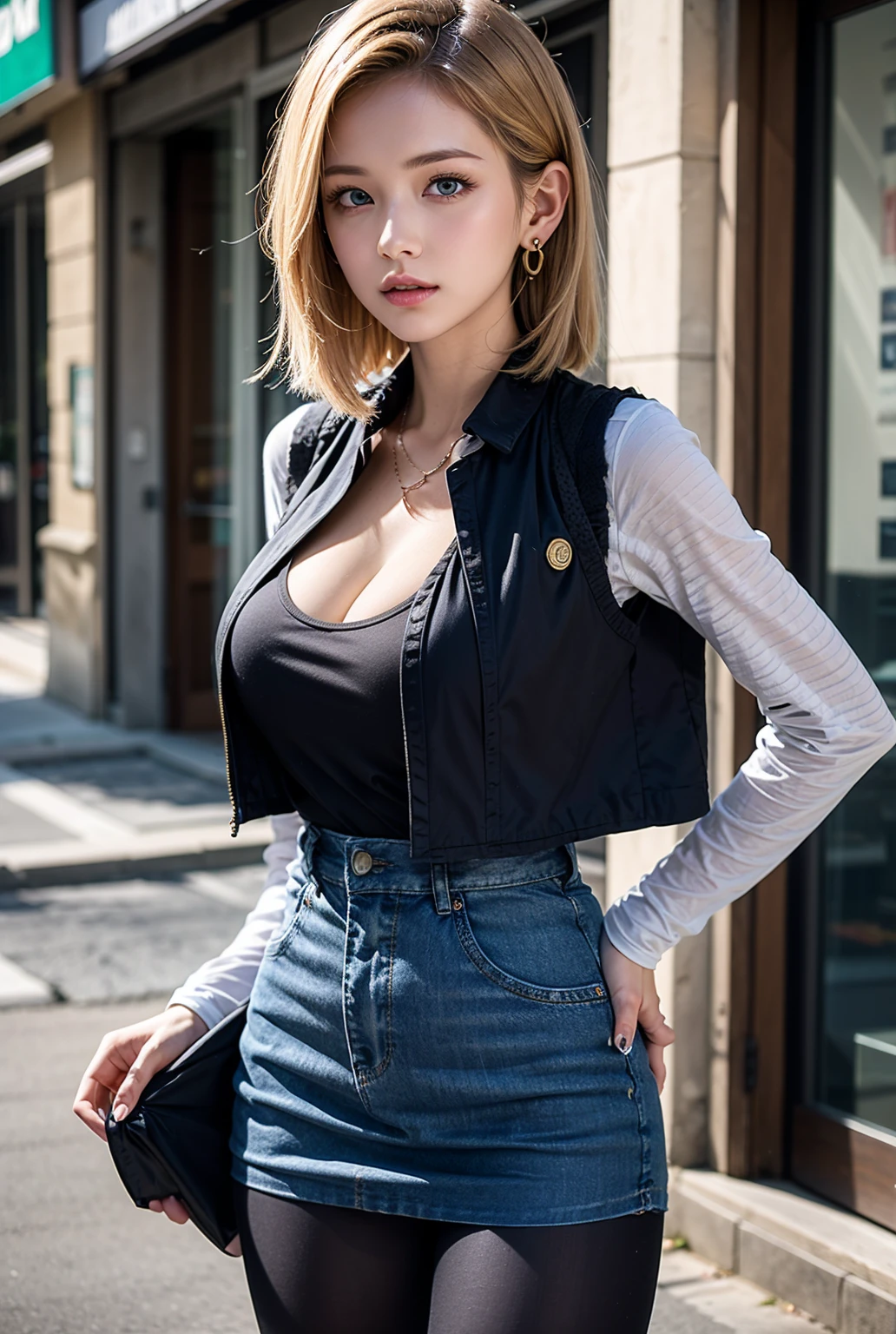 8k,Highest quality, High resolution, AND18, One Girl, Android 18, alone, Blonde, blue eyes, short hair, Earrings, jewelry, Denim dress, Open Vest, Black Pantyhose, Black Shirt, Jeans Skirt, long sleeves with stripes, Blue Skirt, Medium chest, Cowboy Shot, street, (External dilated chest: 1.2)　The body&#39;s aura is released　(Blue white light effect),Highest qualityのフォトリアリスティックRAW写真。Backlight、Cinema Lighting、Film Grain、50mm lens、Nikon D850、Realistic Skin、Fantasy art、Character Art、超High resolution、muscular and slim body、超Realistic Skin、Super Muscular Beauty,smile,Dynamic fighting pose,