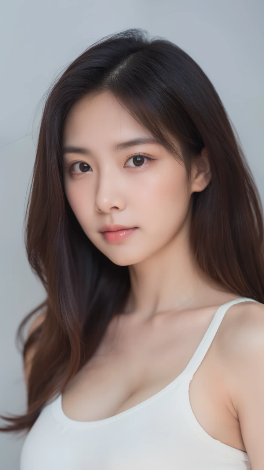 Portrait, A Woman, look at viewer, long hair, tank top, white background, straight face, symmetrical face