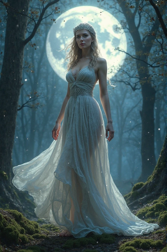 Create a full-length image of a female character in her twenties, representing a Nordic goddess in her maximum expression of divinity and sensuality. She has long, braided blonde hair., Adorned with tiny crystal beads that sparkle with an ethereal glow. His deep blue eyes shine with an inner light, as if they contained the very essence of the ancient gods.
Dress her in a delicate dress made of translucent silk and shiny silver threads., that fits your body like a second skin, revealing and subtly highlighting her perfect curves and slim, curvy figure. The dress is decorated with fine details of mystical runes that seem to float above the fabric., emitting a soft glow that enhances its heavenly beauty. A light, airy cape extends from her shoulders, gently waving in an invisible wind, accentuating her elegance and divine grace.
Place it in a dream setting, a clearing in the middle of an enchanted forest where the light of the full moon filters through the ancient trees, creating a silver halo around it. Luminous flowers and magical creatures emerge from the mist that covers the ground, surrounding her in a circle of admiration. She is standing on a floating glass platform, that reflects the moonlight and projects a bright aura that surrounds it. His posture is majestic and serene., with a hand delicately extended towards the starry sky, as if summoning cosmic forces.
The atmosphere is mystical and overwhelming., full of an ancient magic that mixes with the subtle eroticism of its divine presence. The elements of the stage and the details of her dress are in perfect harmony with her figure., creating an image that encapsulates beauty, Sensuality and mystical power at its finest.
