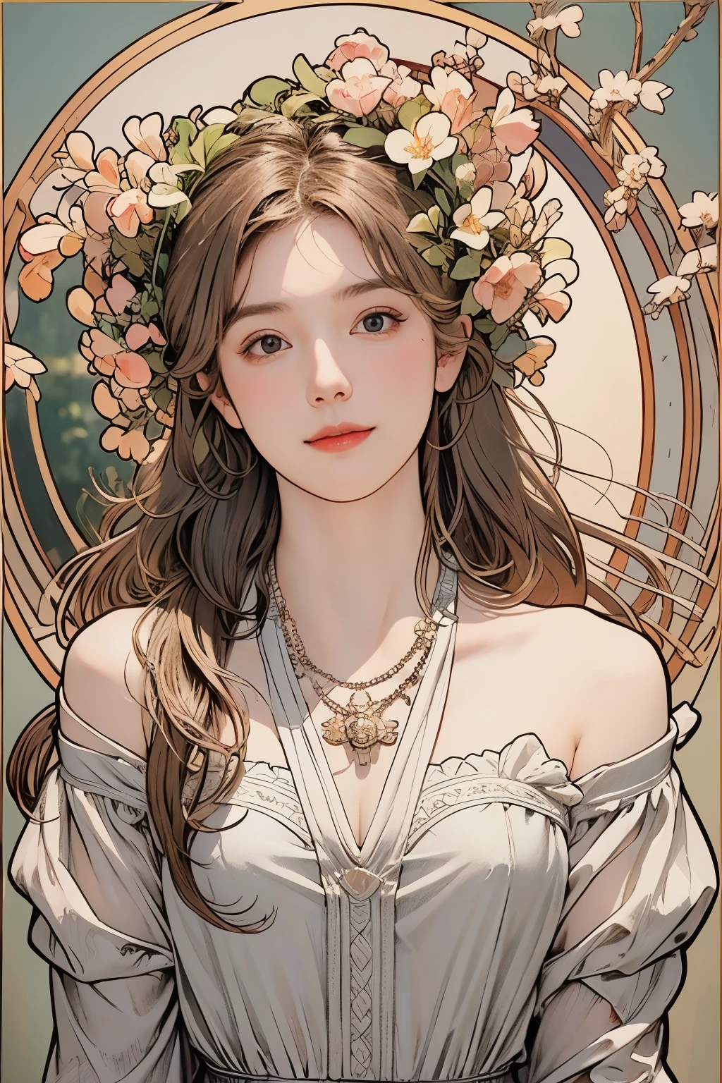 (detailed oil painting of a beautiful woman), rough touch, (small smile with calm, kind and bright expression), ((silver grey brown almost straight medium long hair!)), ((close up)), shiny skin, glossy lips, ((casual pastel spring outfit)), (spring sweater), (smart figure), small necklace, soft spring sunlight, small spring flowers of various colors, young leaves on the tree, striking portrait, use of contour, clean line drawing, fine and intricate details, bright primary colors used partially as accents, fine and intricate details, (Alphonse Mucha composition style), muted colors, impressionist style, Art Nouveau frame, stress-free mixed media masterpiece,