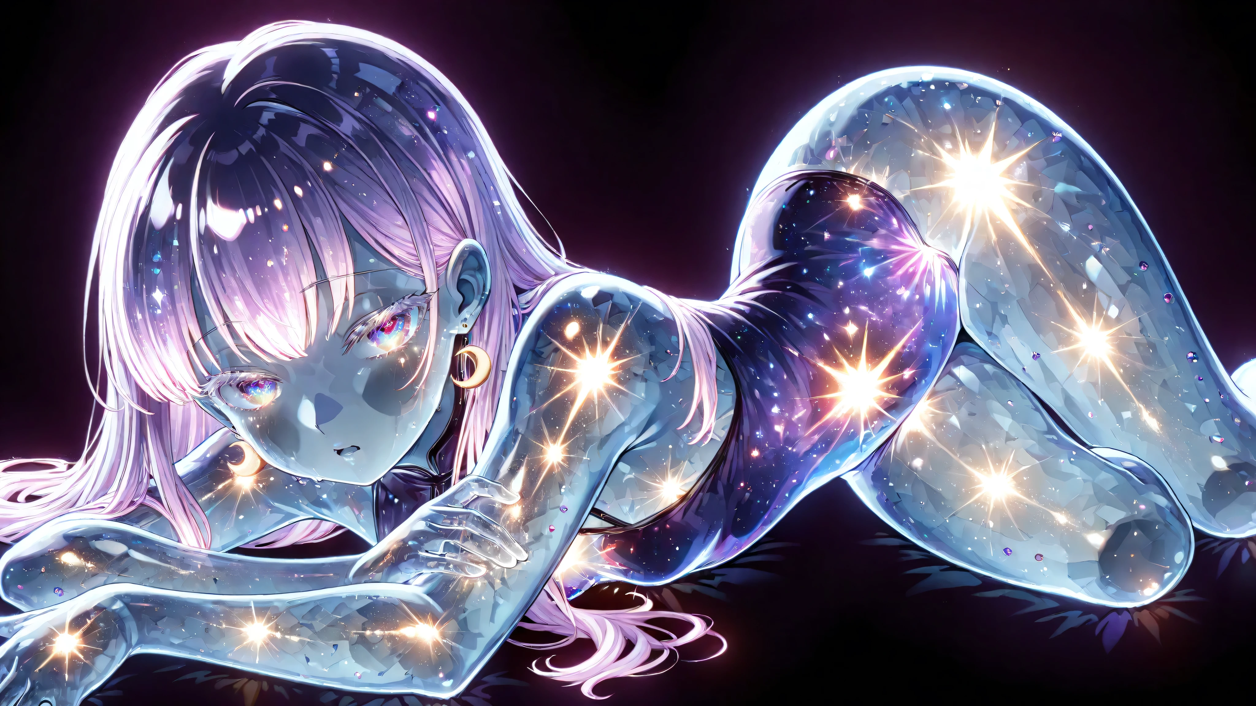 1 girl, masterpiece, high resolution, top quality, Textured skin, sprawled, lying down, lying on vantablack space, about 20 years old, Boyish, plump skin, glowing skin, only one, white and purple gradation hair, white eyelashes, small breasts, painful expression, hot, crescent earring, Anime Style Illustration, glass skin, Optical refraction, reflection, glitter, prism ray, An anime-style character with a fully transparent, glass-like body. The character's skin reflects light like smooth, clear glass, with subtle highlights and refractions. The body is hollow inside, with no internal organs visible, and the surrounding light passes through, casting delicate shadows and reflections, A girl with transparent skin whose body is made of glass, ((girl made by glass)), (transparent body), wearing universe dress, High Contrast, Colorful Eyes, Seductive, Luminous Hairソロ,