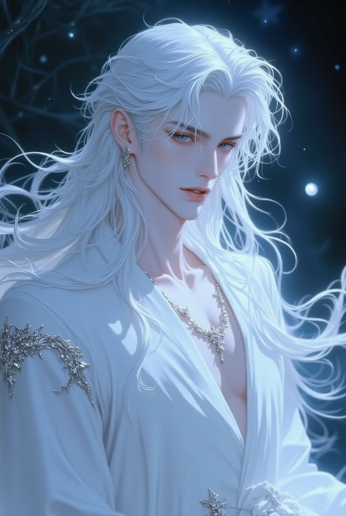 masterpiece, highest quality, (solo focus), (perfect face:1.1), (high detail:1.1),dramatic, 1guy, (pale skin), long white hair, white eyes, ((light eyebrows)), solo, long hair, moon, night, white luxury suit, covered navel, pouty lips, covered, futuristic city, detailed background, art by artgerm and greg rutkowski, cinematic lighting,