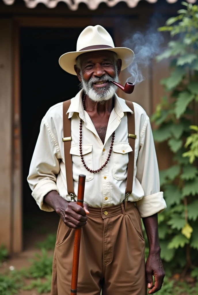 An 80-year-old Angolan elder, a little hunchbacked, tall and strong, wearing brown pants and a starched white shirt, barba, White hat, walking stick and smoking a pipe, Grinning, rosary around the neck, in the background a wooden house and many medicinal herbs