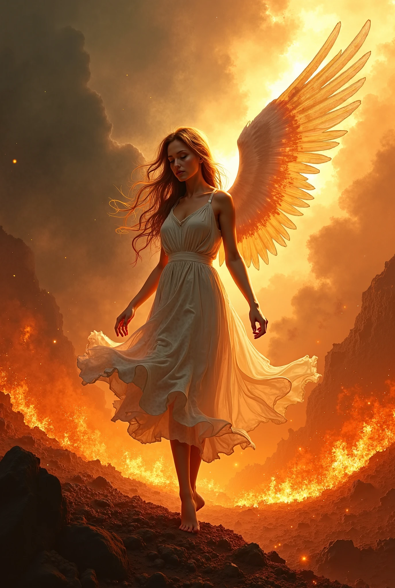 Woman with sky in the background and a man below with hell in the background 