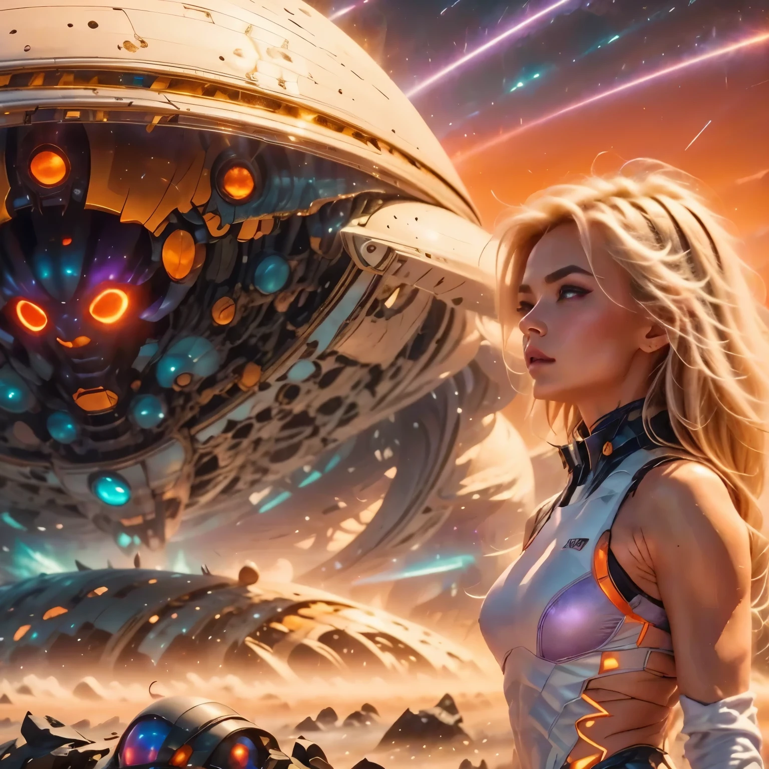 A spaceship's sleek silhouette pierces the misty purple horizon, its occupants silhouetted against the radiant glow. Amidst the twinkling lights of the alien planet, a lone figure stands at the edge, her features illuminated by the soft luminescence. In the distance, two vibrant crimson gas giants clash, their fiery atmospheres crackling with energy as they collide, unleashing a celestial explosion of starlight and debris across the mist-shrouded sea.