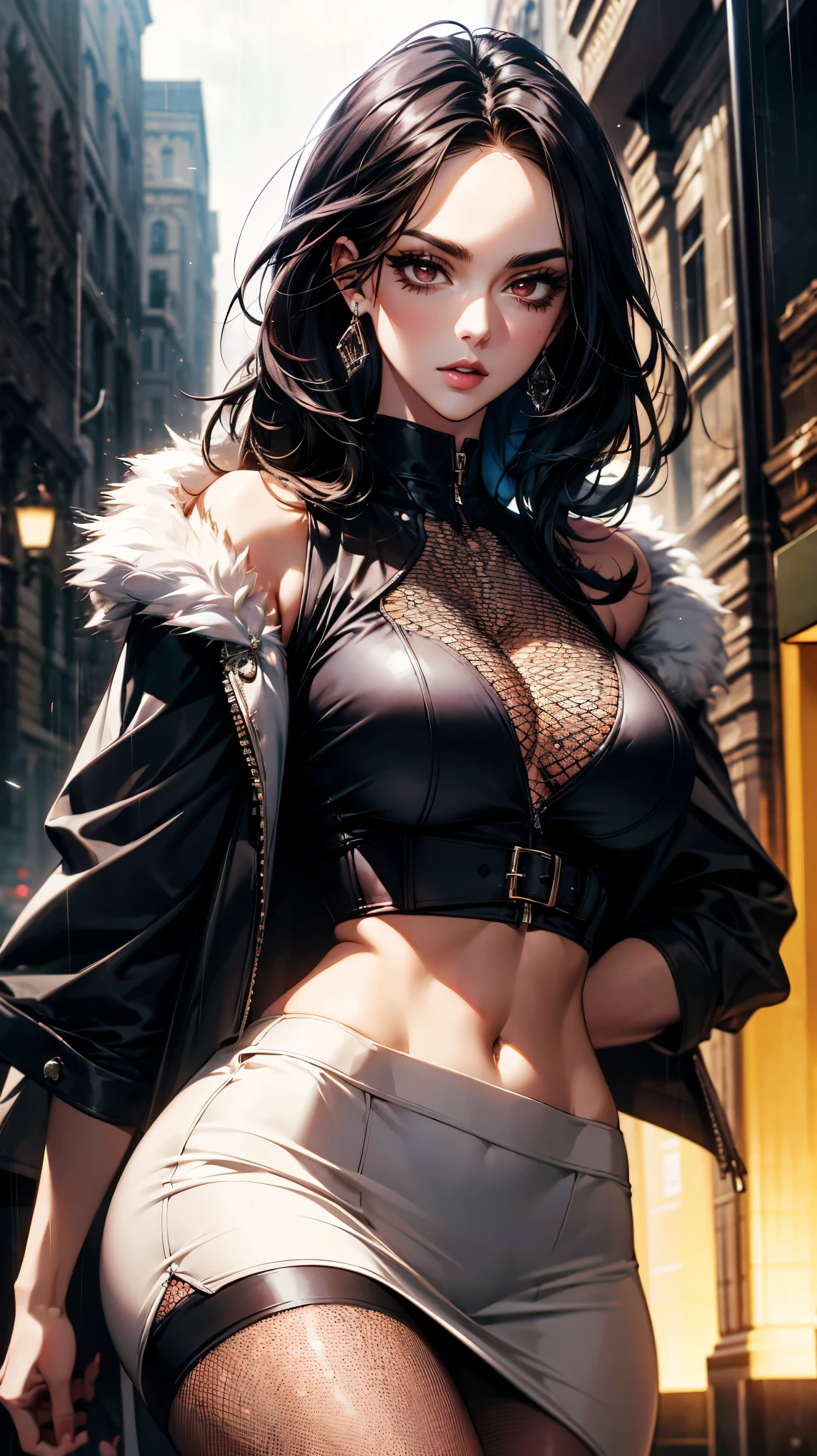 Beautiful sexy cool edgy tall, slim, fit woman, intricate and highly detailed, big firm heavy breasts, deep cleavage, bob silver hair, body chain, diamond jewelry, sparkly, shiny, wlop, round premium , sexy , amazing boobies, midriff