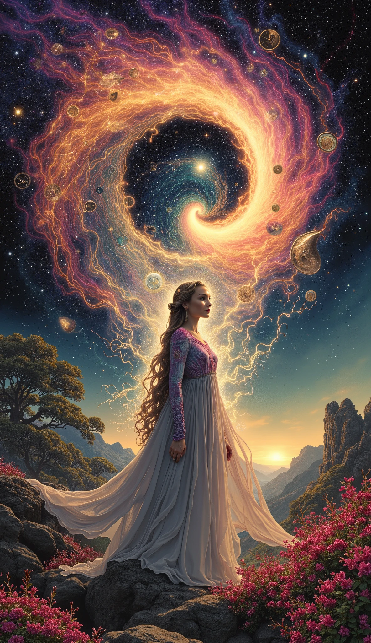 Create a portrait of an ultra-beautiful woman with wavy braided hair who embodies the essence of time itself. She has long, flowing hair that transitions through the colors of the sunset—deep oranges, soft pinks, and twilight purples. Her eyes shimmer like clock faces, reflecting different moments in history and glimpses of the future. Her attire is a blend of ancient and futuristic styles, with intricate patterns that represent the passage of time—clock gears, celestial bodies, and natural elements. She stands in a mystical garden filled with blooming flowers that change colors with the light, symbolizing the seasons of life. In her hands, she holds an hourglass that glows with a magical light, with sands that appear to be flowing in reverse. Behind her, a swirling galaxy of stars and timepieces creates a dreamlike backdrop, hinting at her ability to weave the fabric of time itself. Capture the beauty and mystery of this woman, focusing on her serene expression and the enchanting atmosphere around her. "Create a ultra beautiful blonde huminoid alien woman with near curly wavy hair (((looking at the viewer of the scene))), in a visually stunning and intricately detailed representation of the concept of existence. Imagine a vast, cosmic tapestry where the boundaries of reality blur with the abstract. In the center, depict a swirling, multidimensional vortex symbolizing the core of existence. Surround it with a collage of diverse elements: the birth and decay of stars, fractal patterns representing the infinite complexity of the universe, and ethereal, transparent figures embodying consciousness and time. Incorporate a juxtaposition of natural and artificial forms, such as ancient trees with circuits for branches and ethereal digital beings merging with celestial landscapes. Include layers of symbolic imagery, like an infinite library representing knowledge, intertwined with flowing streams of quantum particles and ephemeral strands of light. Use a rich, cosmic color