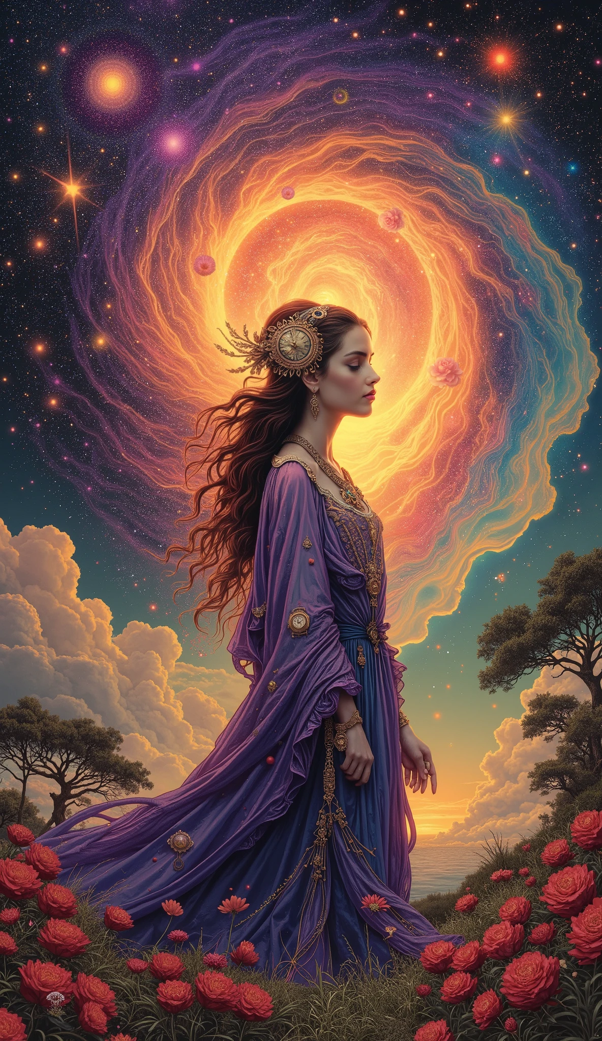Create a portrait of an ultra-beautiful woman with wavy braided hair who embodies the essence of time itself. She has long, flowing hair that transitions through the colors of the sunset—deep oranges, soft pinks, and twilight purples. Her eyes shimmer like clock faces, reflecting different moments in history and glimpses of the future. Her attire is a blend of ancient and futuristic styles, with intricate patterns that represent the passage of time—clock gears, celestial bodies, and natural elements. She stands in a mystical garden filled with blooming flowers that change colors with the light, symbolizing the seasons of life. In her hands, she holds an hourglass that glows with a magical light, with sands that appear to be flowing in reverse. Behind her, a swirling galaxy of stars and timepieces creates a dreamlike backdrop, hinting at her ability to weave the fabric of time itself. Capture the beauty and mystery of this woman, focusing on her serene expression and the enchanting atmosphere around her. "Create a ultra beautiful blonde huminoid alien woman with near curly wavy hair (((looking at the viewer of the scene))), in a visually stunning and intricately detailed representation of the concept of existence. Imagine a vast, cosmic tapestry where the boundaries of reality blur with the abstract. In the center, depict a swirling, multidimensional vortex symbolizing the core of existence. Surround it with a collage of diverse elements: the birth and decay of stars, fractal patterns representing the infinite complexity of the universe, and ethereal, transparent figures embodying consciousness and time. Incorporate a juxtaposition of natural and artificial forms, such as ancient trees with circuits for branches and ethereal digital beings merging with celestial landscapes. Include layers of symbolic imagery, like an infinite library representing knowledge, intertwined with flowing streams of quantum particles and ephemeral strands of light. Use a rich, cosmic color