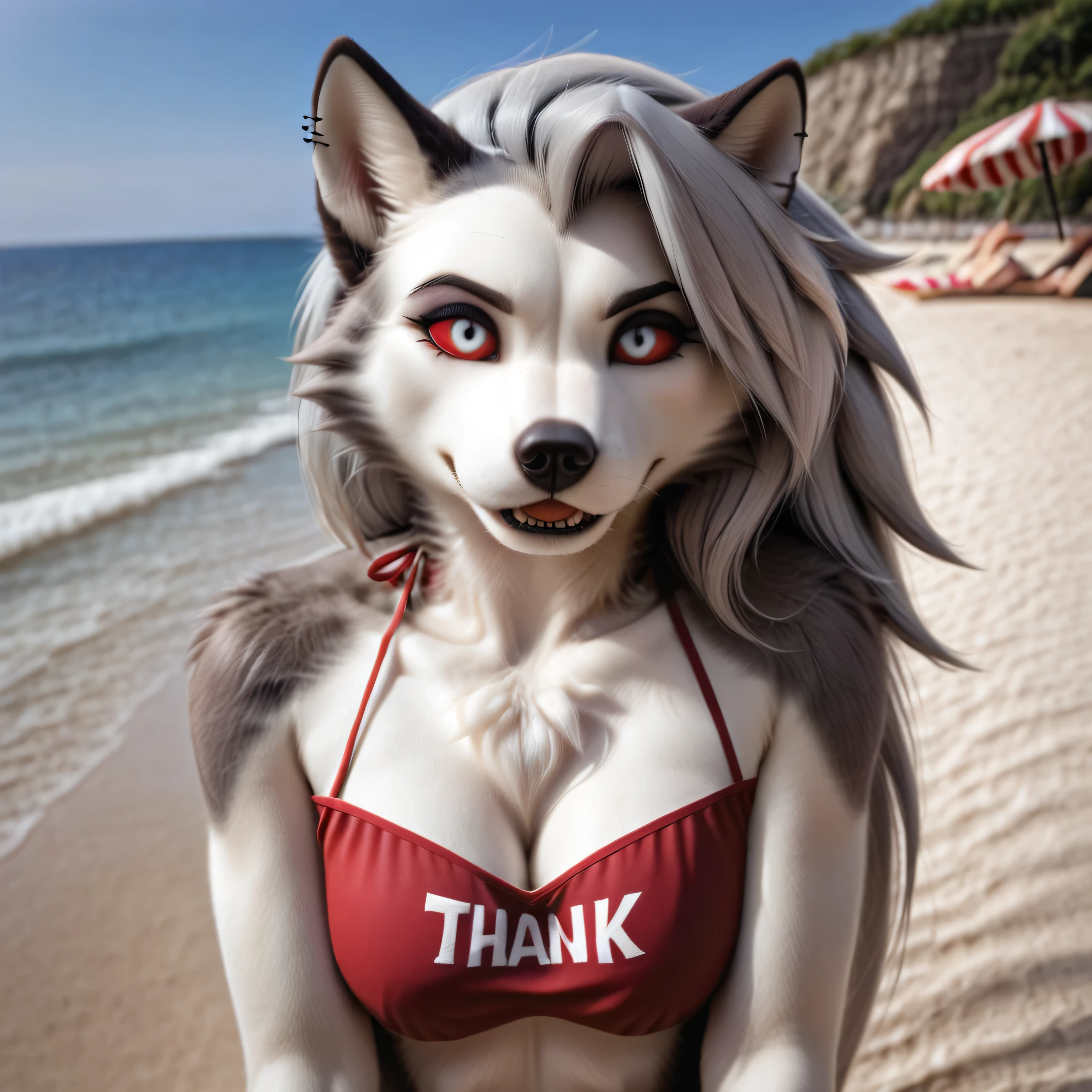 Loona, furry, beach, She is wearing only the lower part of a red bikini, she holds in her hands a sign with the inscription "100 Watchers, Thank You All", the sign covers her chest.