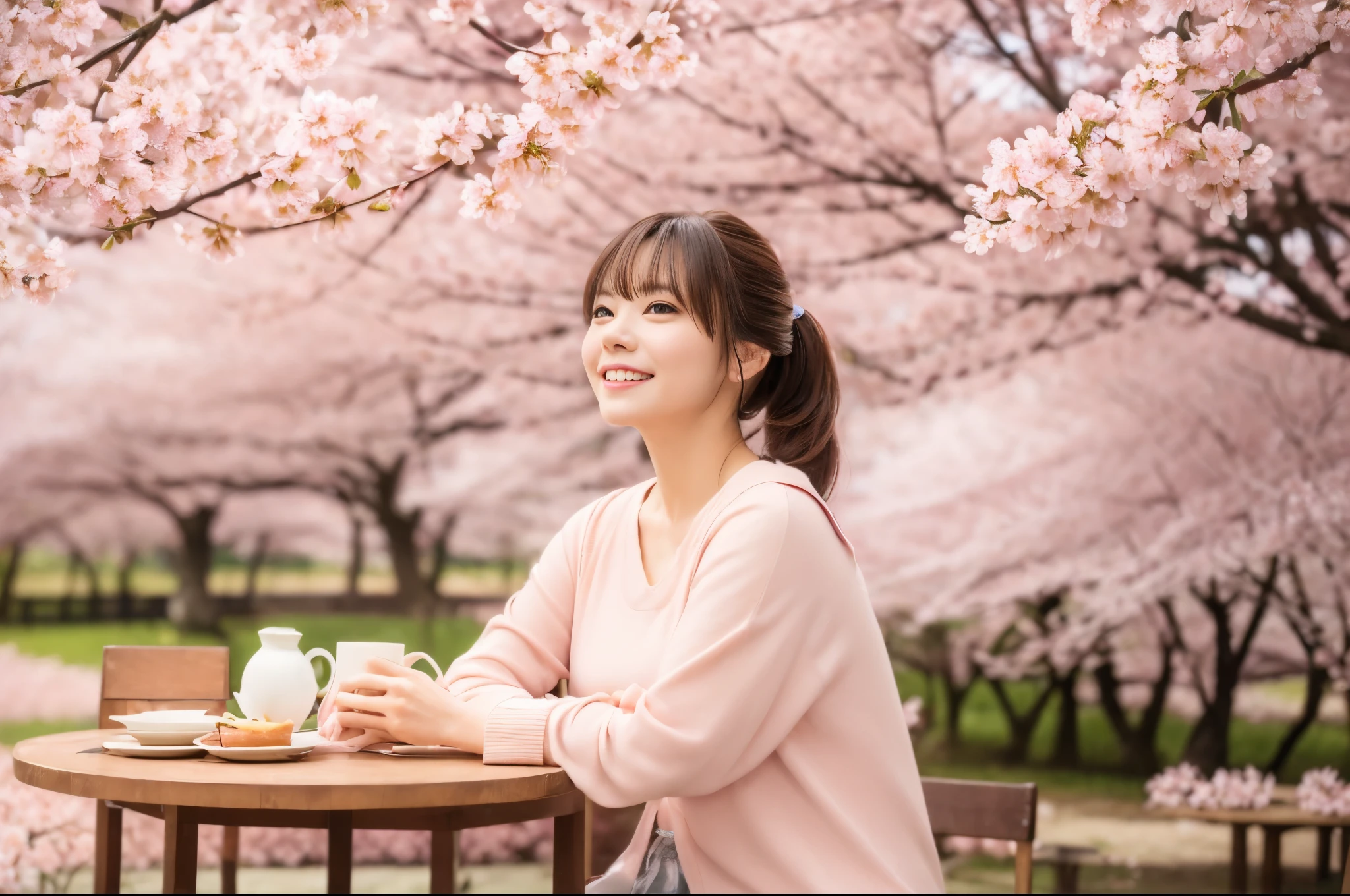 (8k, RAW photo, photorealistic, HQ, masterpiece), (Brightly exposed photo:1.4), (Very elegant and beautiful, Perfect detail, Super detailed), a cute Japanese woman, (solo), (glowing eyes), (), 
(shy smile:0.8), brown hair, low tied ponytail, large Breasts, (Stylish Spring casual Outfits:1.4), (Sitting at an open-air cafe in the nature park:1.4), (The background is a field of cherry blossoms:1.4), 
(blurred background), depth of field, (beautiful natural lighting), 