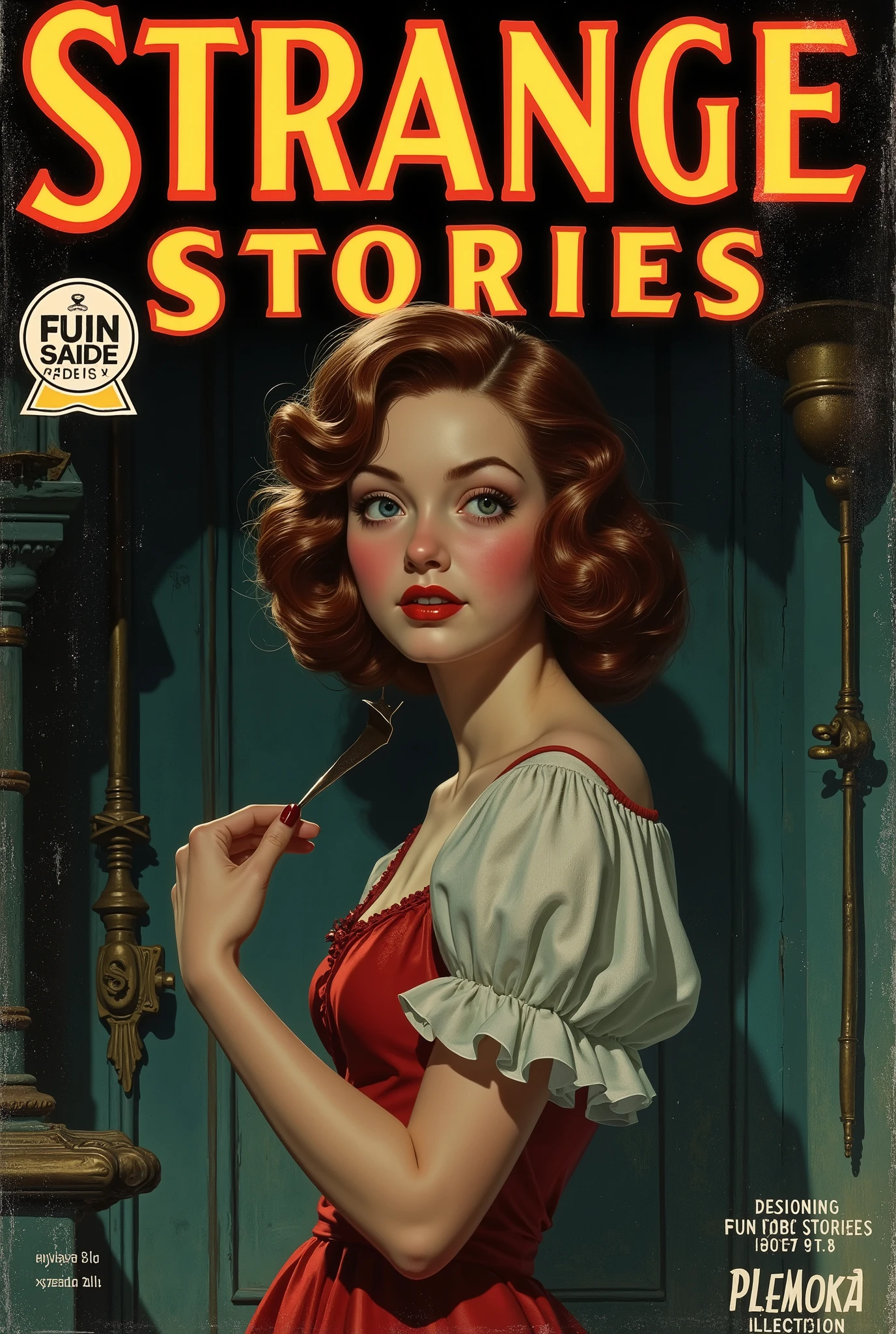 Cover mystery magazine full length girl, Cute face full length , Girl poses for horror magazine cover "Strange Stories" , Magazine Era 1933, high quality,