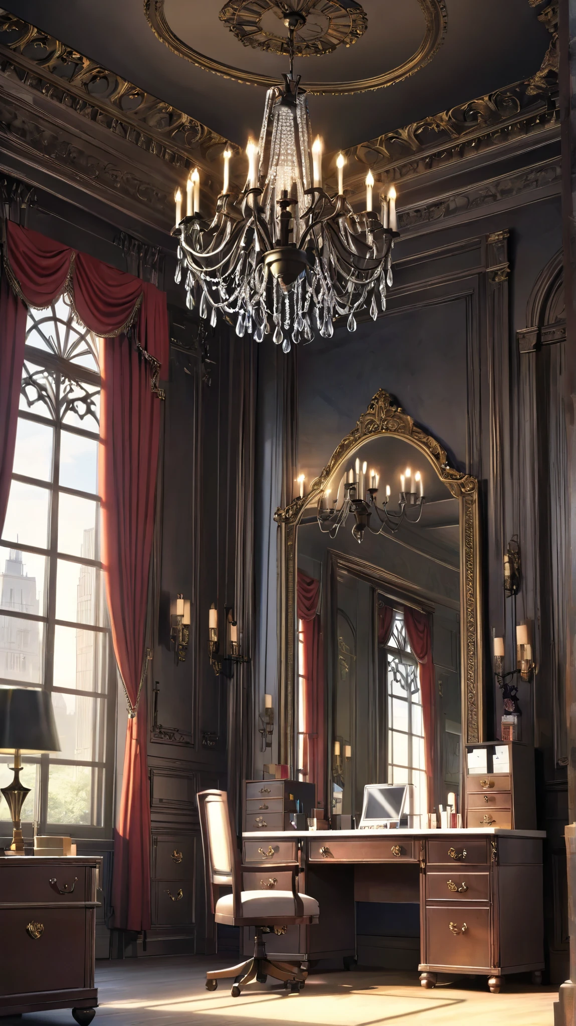  Scenery, anime,gorgeous room at the office, Vanity, There is a chandelier on top , Gothic