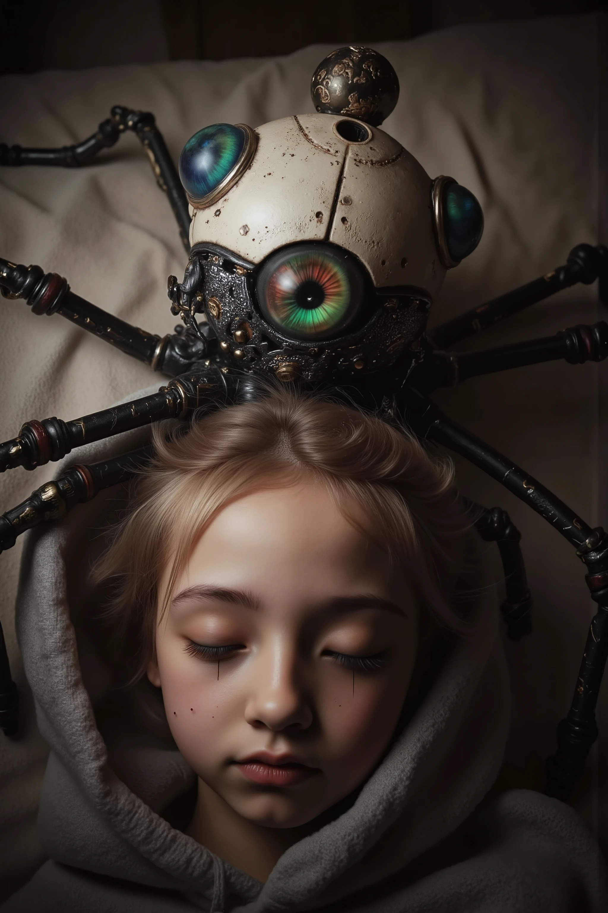 from above,nightmare,dream like,Sleeping young girl,Shadows creeping up on,cute and creepy eyeball robot monsters,An eyeball with lots of spider-like legs,cybernetic monster ,realistic image,dramatic lighting,