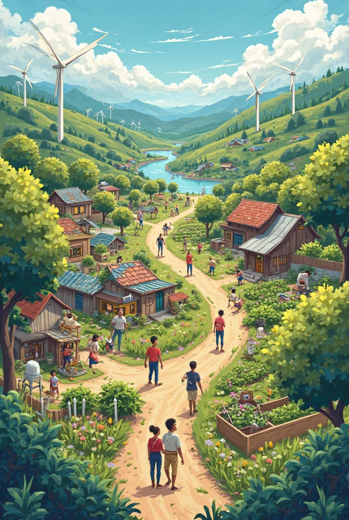 Make a landscape art on the topic " future we want clean and green" make it like one  child have make. Add people planting plants house's. One flying futurestic car cleaning the road, windmill,farms, building, planting tree,Add building at background, people cleaning road,house with solar panels,add river
 