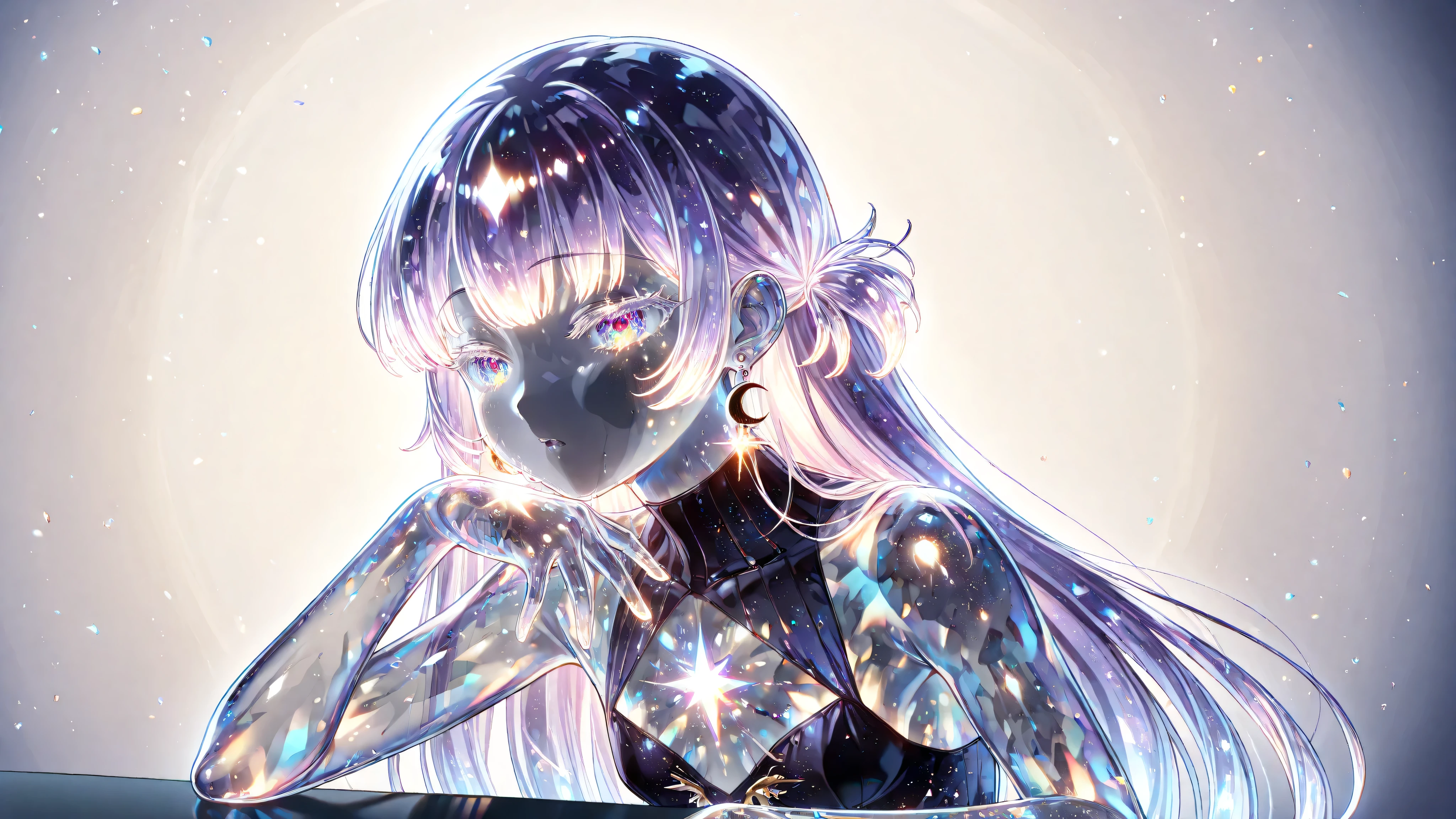 1 girl, masterpiece, high resolution, top quality, Textured skin, about 20 years old, Boyish, plump skin, glowing skin, only one, white and purple gradation hair, white eyelashes, small breasts, painful expression, hot, crescent earring, Anime Style Illustration, glass skin, Optical refraction, reflection, glitter, prism ray, An anime-style character with a fully transparent, glass-like body. The character's skin reflects light like smooth, clear glass, with subtle highlights and refractions. The body is hollow inside, with no internal organs visible, and the surrounding light passes through, casting delicate shadows and reflections, A girl with transparent skin whose body is made of glass, ((girl made by glass)), (transparent body), wearing universe dress, High Contrast, Colorful Eyes, Seductive, Luminous Hair