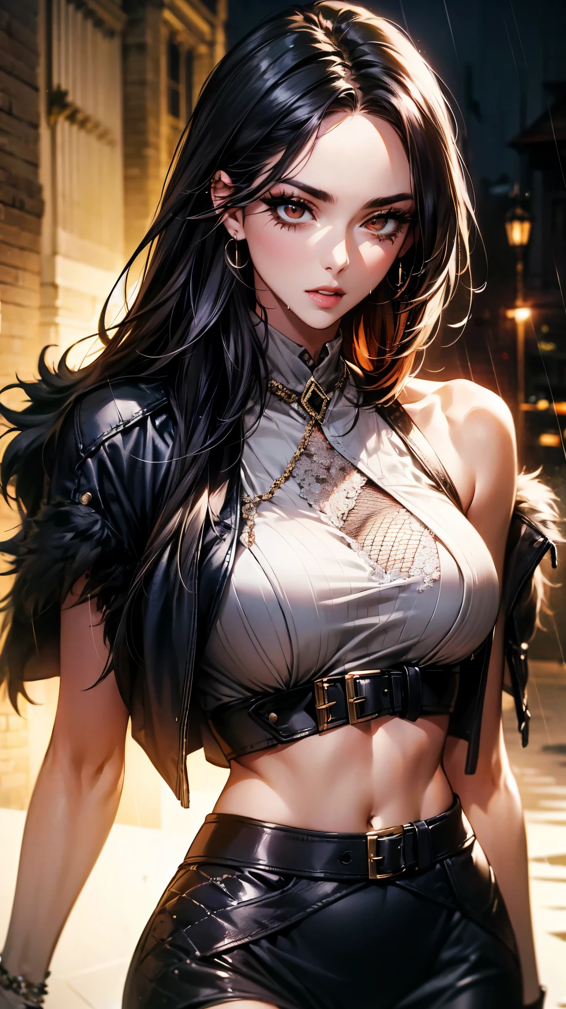 (Masterpiece,Highest quality,32k,Ultra-high resolution,appropriate margins,nice lighting),1 person,Very beautiful adult woman,Slim body,Very large breast,flowy Hair,raven hair,side bangs, cute forehead,mascara,Red eyeliner,glossy lip,Thin teak,Thick upper eyelashes,Thin eyebrows,crimson eyes,seductive eyes, grumpy, shoulder-length hair,crop top with fishnet in gothic style, cropped jacket with fluff trim, skirt, fishnet stockings,street, raining,wet clothes (ultra detailed, super sharp focus)