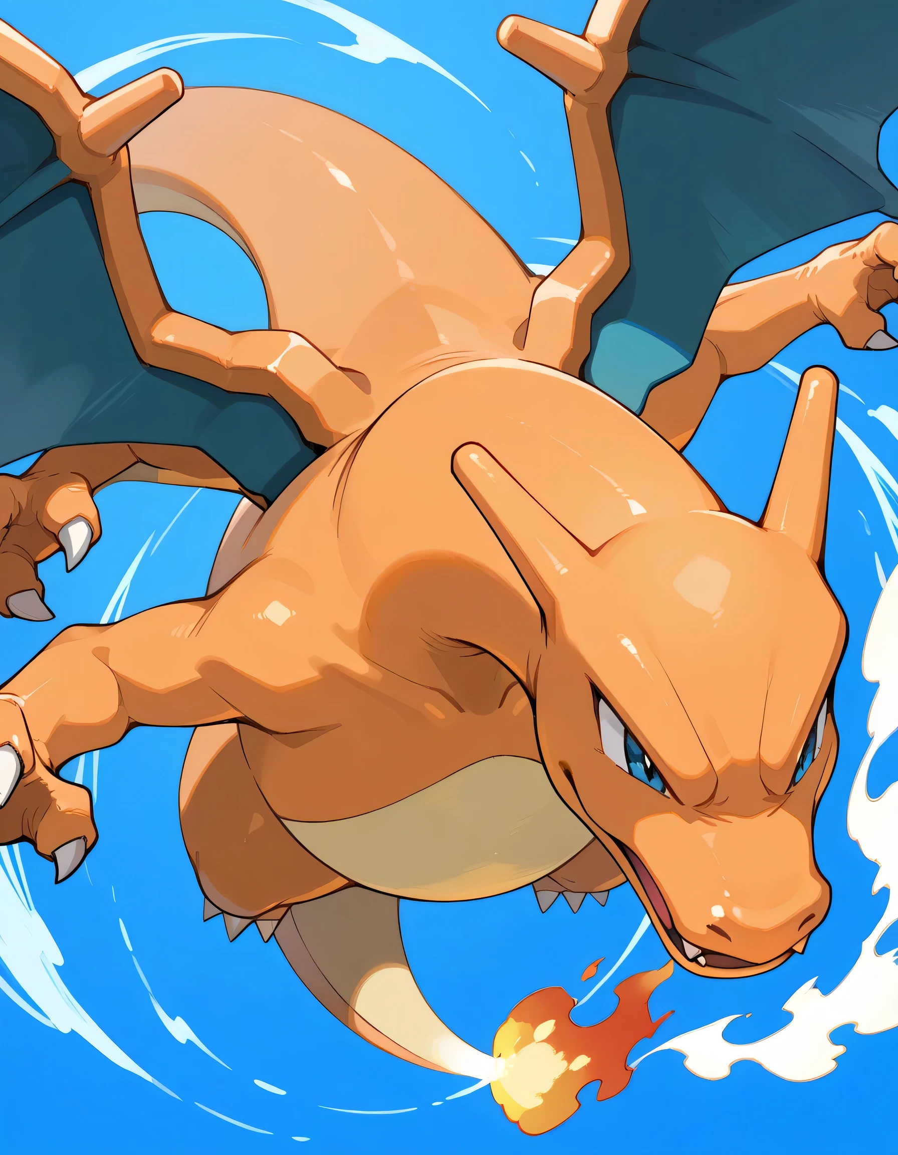 dynamic sideview angle,Charizard(pokemon),(closed up face:1.3),breathing flame,cool flying pose,cool blue skybackground,masterpiece,best quality