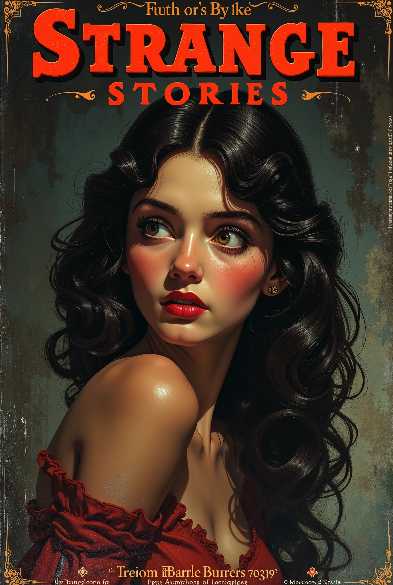 Cover mystery magazine full length girl, Cute face full length , Girl poses for horror magazine cover "Strange Stories" , Magazine Era 1933, high quality,