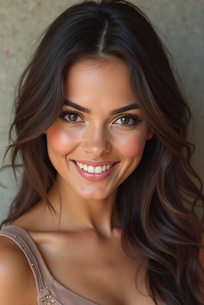 beautiful young woman, average quality Twenty-seven-year-old woman. Short stature and thin body, with curves in the right places. wide, color chocolate, curly. heart shaped face, pretty little nose, big hazel eyes, and long, bushy eyelashes. big smile. Has slightly separated incisor teeth, but that only increases the attractiveness of his kissable lips.