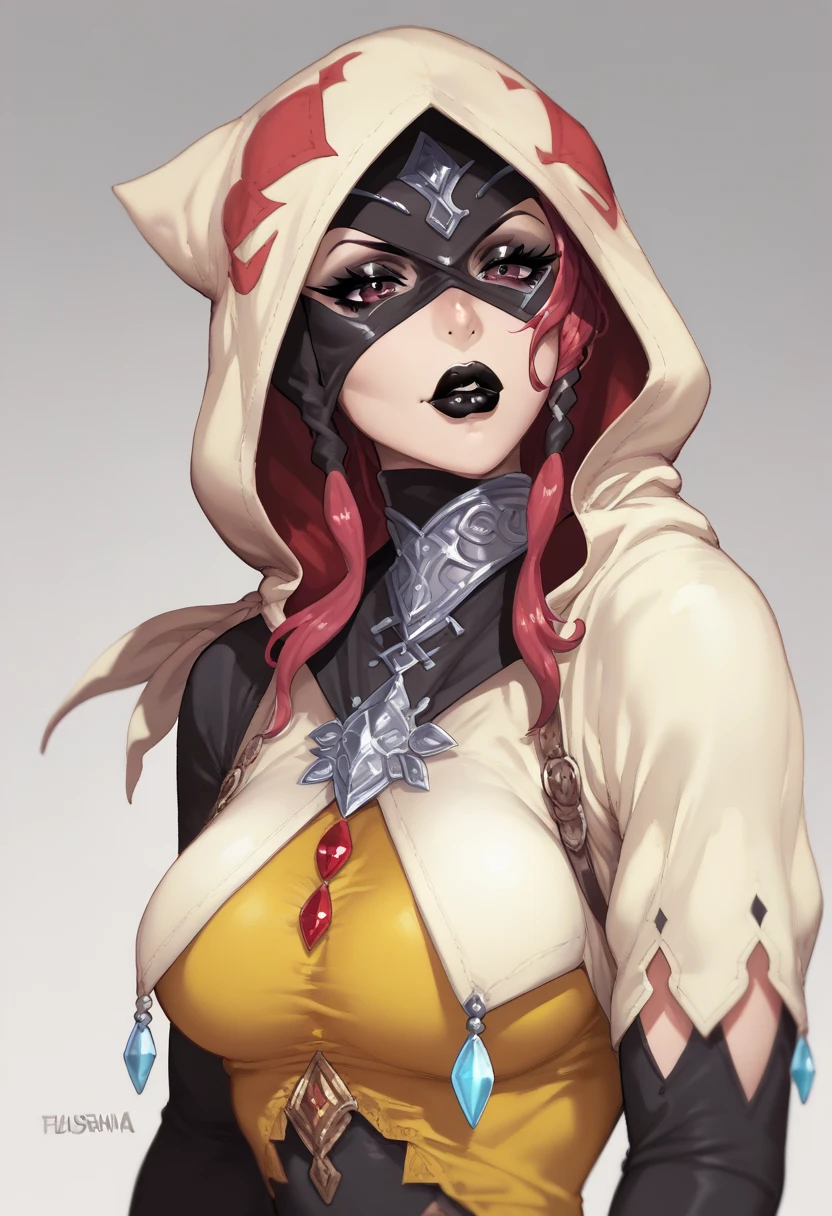 Brutal Red Skin Twi'lek with huge breasts wearing futuristic ((sleek (black) tunic)), robes, cowl, cape, huge breasts, slim hips, small waist, full-body shot