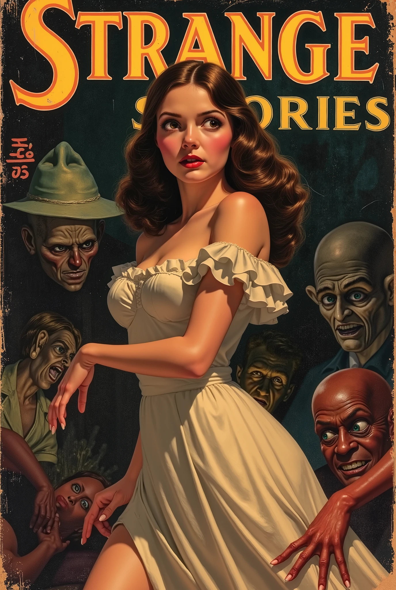 Cover mystery magazine full length girl, Cute face full length , Girl poses for horror magazine cover "Strange Stories" , Magazine Era 1933, high quality,