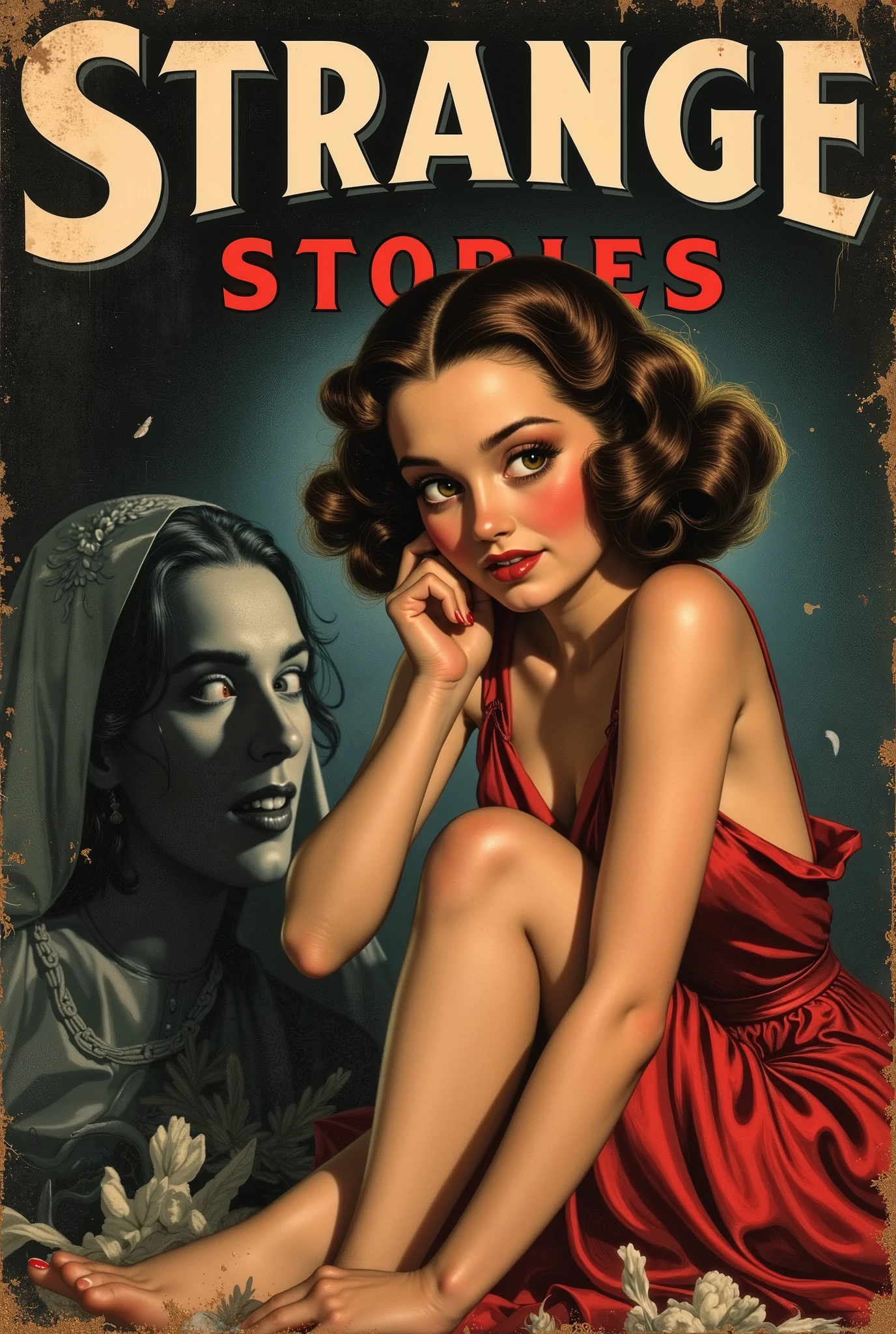 Cover mystery magazine full length girl, Cute face full length , Girl poses for horror magazine cover "Strange Stories" , Magazine Era 1933, high quality,
