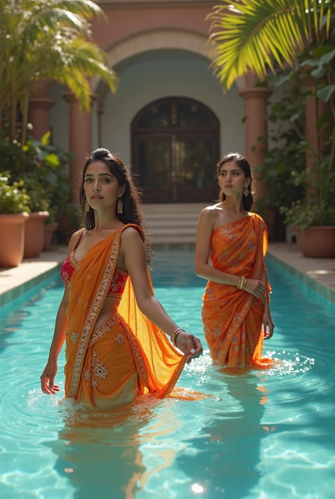 hot women with saree in swimming pool