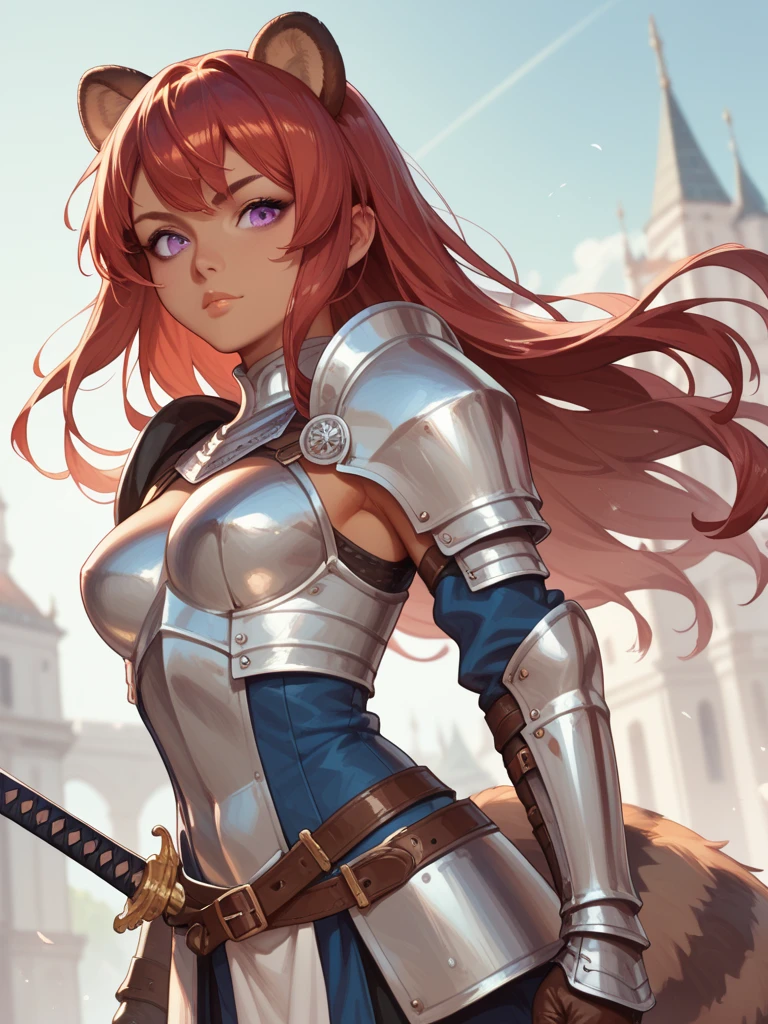 girl, in leather armor, armed with a knight's sword, Masterpiece , red hair, Long hair, looks at the viewer, violet eyes, raccoon ears , Tanuki tail, Anime style