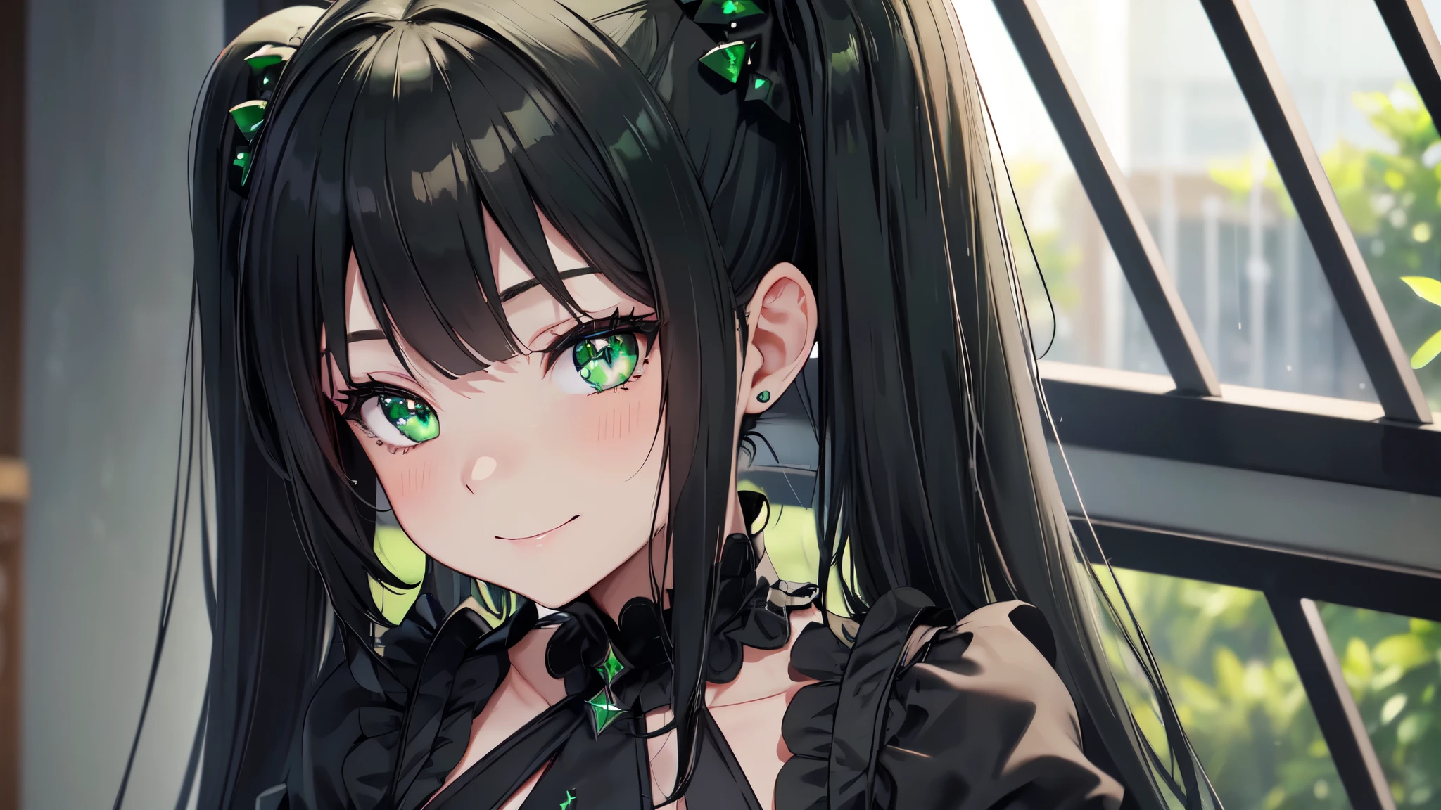 A pretty lady with hair wavy medium black hair and green eyes, giving a rich, toublemaker and bad girl vibe, looking at you with a smugly, school, modern era, close up, school hallway, no hand included