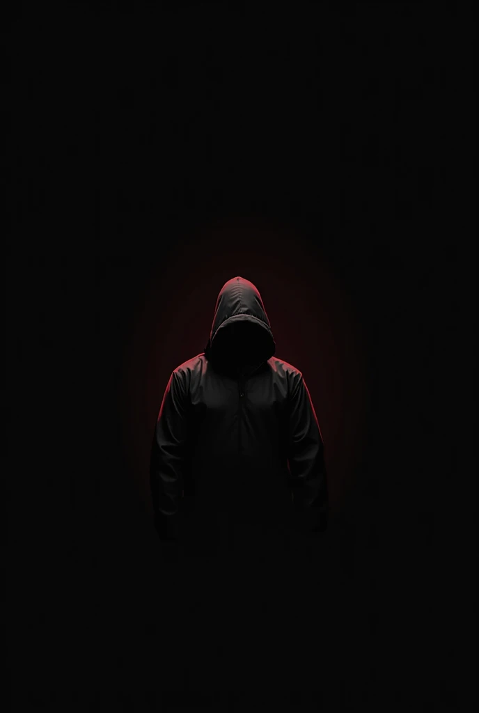 Man in red hoodie with face obscured with very dark background and some red light in profile
