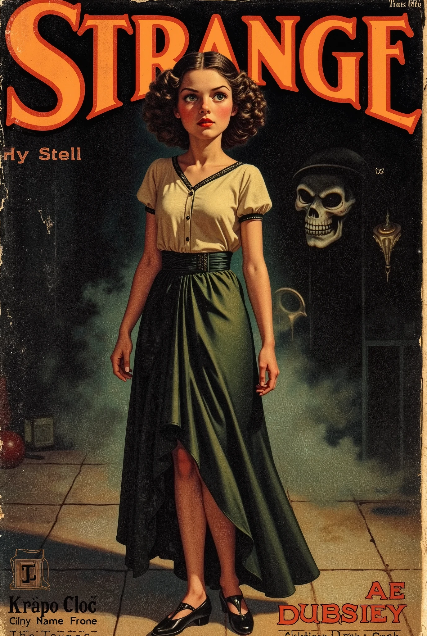 Cover mystery magazine  full length girl, Cute face full length , Girl poses for horror magazine cover "Strange Stories" , Magazine Era 1933, high quality,