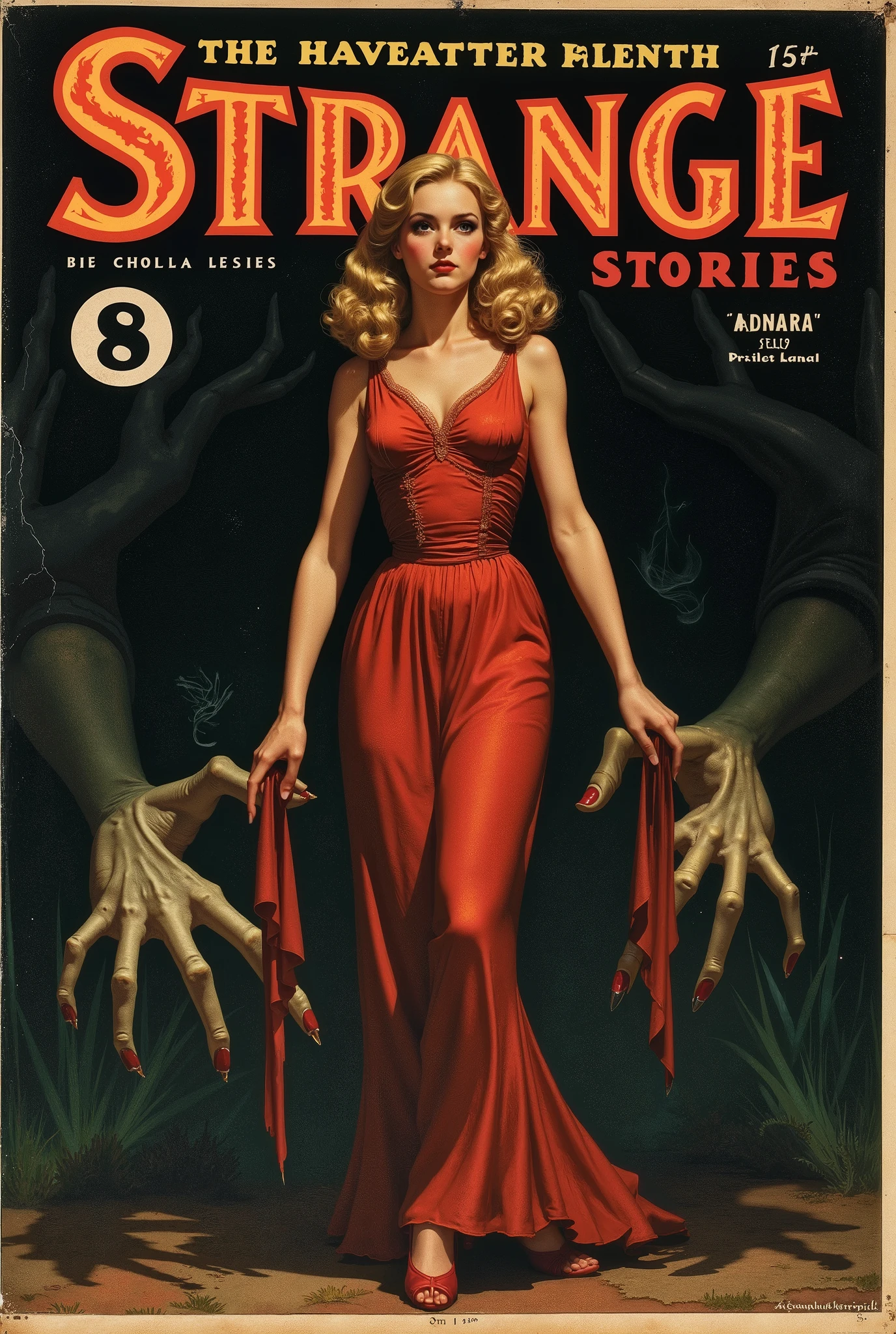 Cover mystery magazine  full length girl, Cute face full length , Girl poses for horror magazine cover "Strange Stories" , Magazine Era 1933, high quality,
