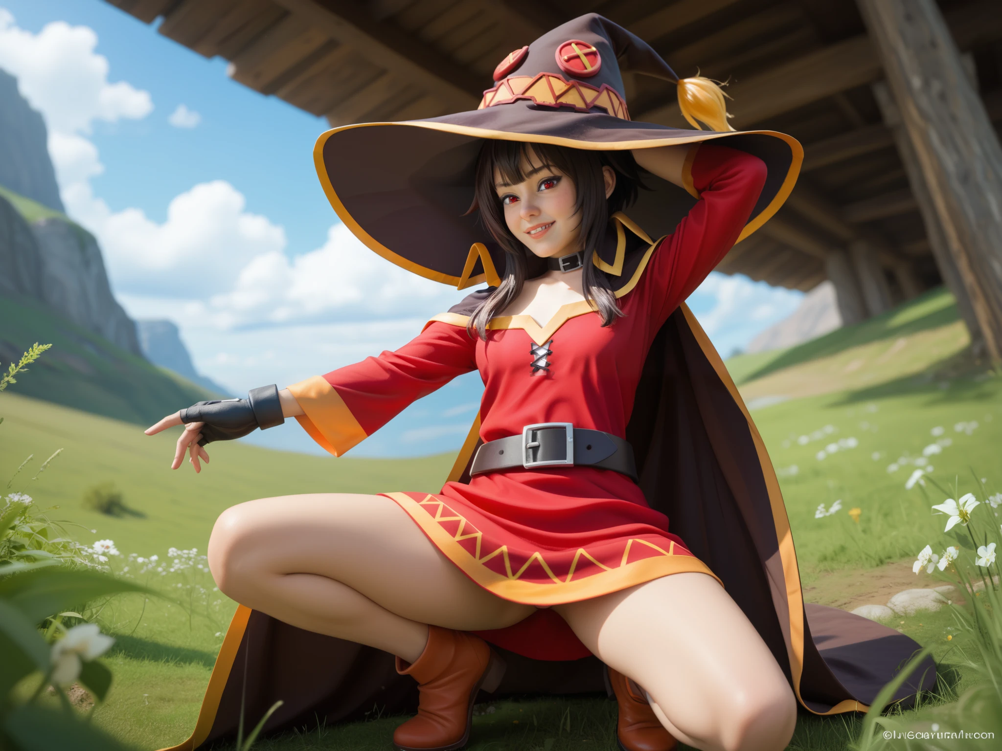 A highly detailed, hyperrealistic 8K image of Megumin from Konosuba, crouching dynamically while removing her signature black wizard hat with her left hand, revealing her messy dark brown hair. Her crimson eyes glow intensely, exuding confidence and power. She wears her iconic red and gold sorceress outfit, featuring gold-trimmed sleeves, a short red dress with a black belt, and fingerless gloves.
The background is a vibrant open field with lush green grass and a bright blue sky, emphasizing a fantasy adventure setting. Her right hand is near the ground, channeling an energy burst of electric blue and magical sparks. Her skin is smooth and realistic, with subtle highlights and shadows.
Shot with a Canon EOS R5 + 50mm f/1.2L lens, using a low-angle perspective, capturing her face, expression, and pose with cinematic depth. Natural sunlight enhances the realism, with perfect skin textures, natural hair flow, and fabric details.
--ar 16:9 --v 6 --style raw --q 2 --stylize 750 --tile --hd --upbeta