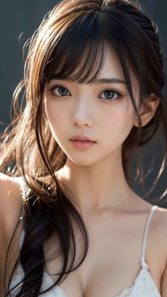 (Close-up:1.4)、(RAW photo:1.2)、(photorealistic:1.4)、(masterpiece:1.3)、(highest quality:1.4)、(Beautiful woman with perfect body:1.ung japanese woman、solo、7 head and body、(very beautiful:1.2)、 (Medium chest:1.3)、(Slender beautiful girl)、(beautiful and detailed eyes)、(attractive big eyes)、(beautiful double eyelids)、(beautiful and detailed face)、(short bob:1.3)、diagonal bangs、view audience、classy dress、No sleeve、Upper body、