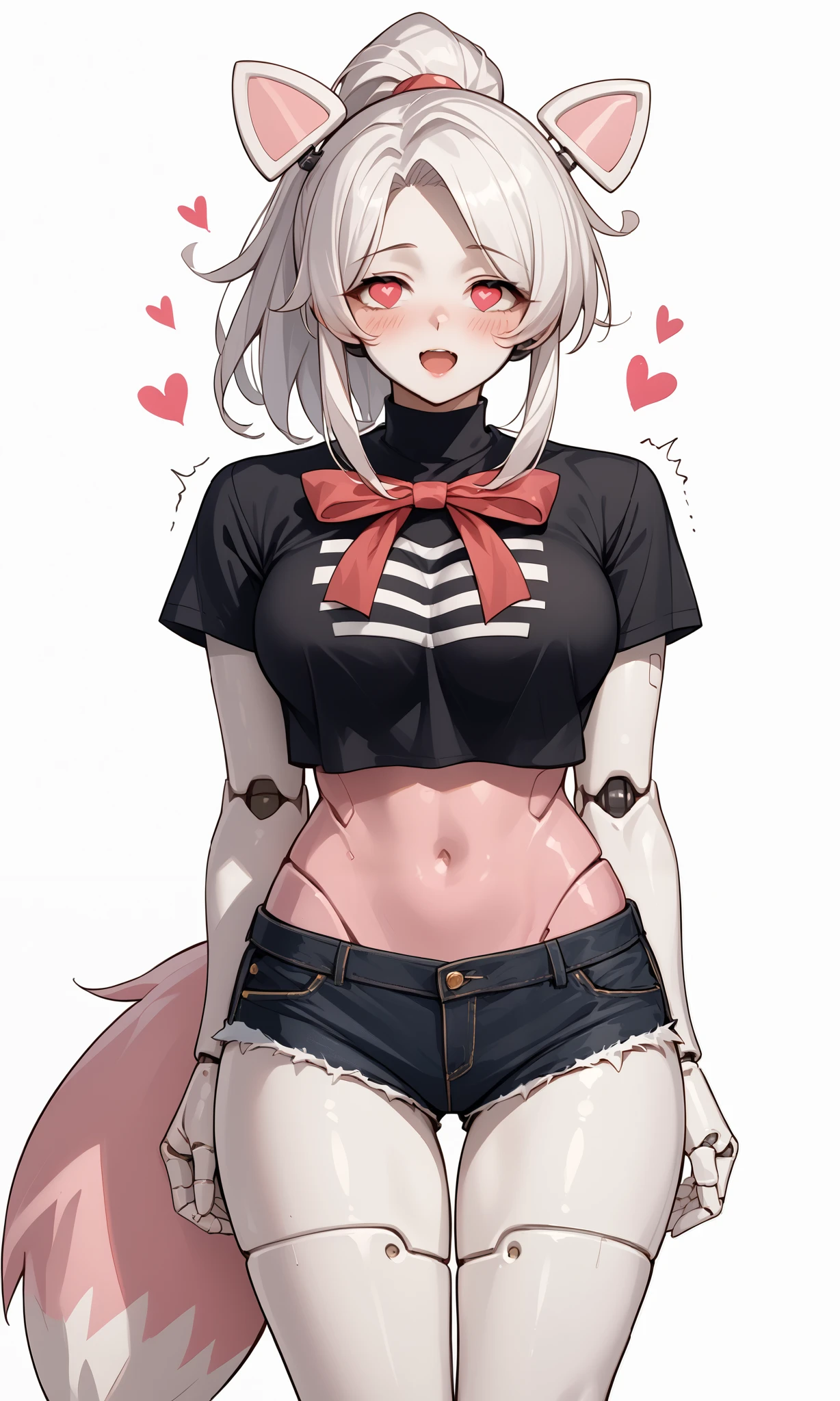 score_9,score_8_up, score_8, source_anime, source_anime, mangleFNIA,1girl,large breasts,solo,long hair,animal ears,tail,white hair,furry,furry female,big ass,robot girl,white fur,bow,tail,robot joints,pink fur,(ponytail: 1.2), short black shorts, cropped black T-shirt, (front: 1.2), (legs: 1.2), {heart eye, 輝く heart eye, Pleasure, slightly blush , trembling:1, Pleasureで上を向く, open mouth }