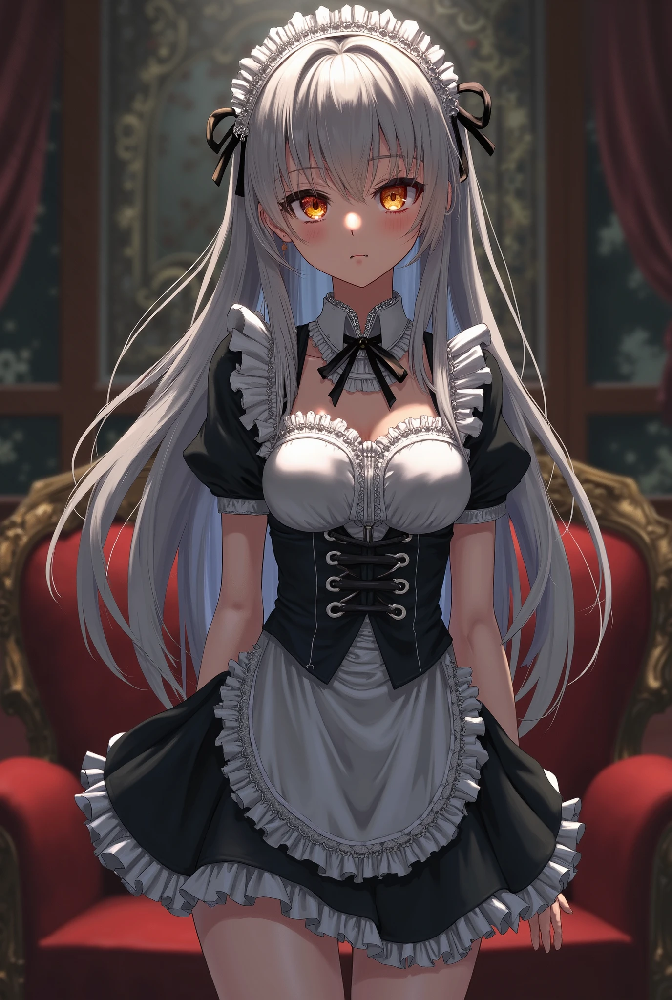 ((masterpiece, best quality)),(1girl), ((mature female)), long gray hair, dressing a white peasant style party dress with details in coral color and a bow ,corset,middle breast,(busty)