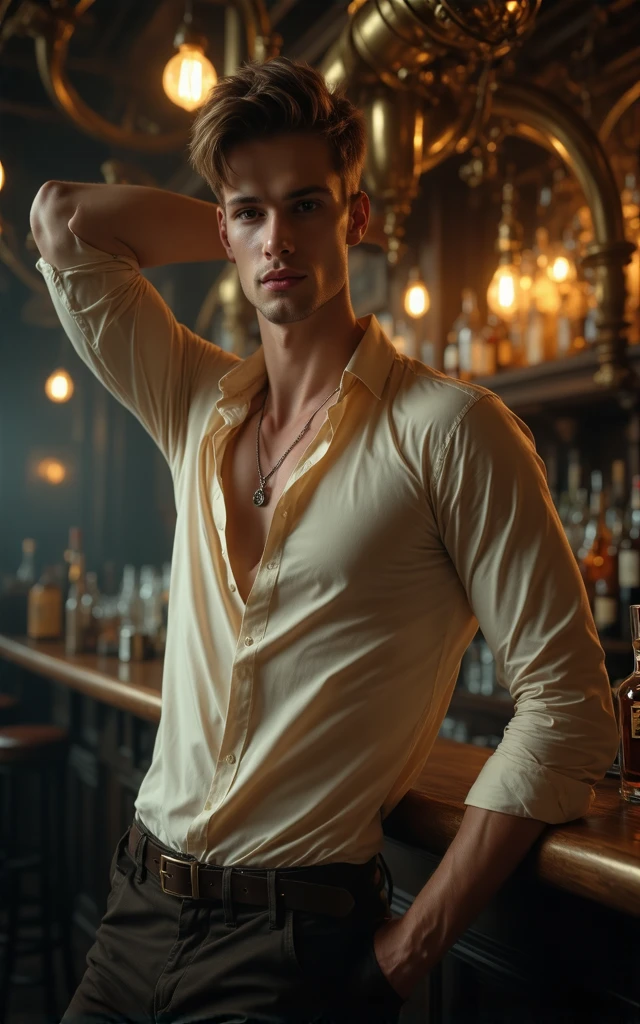 realistic portrait of a handsome man with unbuttoned shirt, standing at a bar, detailed facial features, intense gaze, messy hair, sophisticated lighting, cinematic atmosphere, moody colors, dramatic shadows, high quality, detailed, photorealistic