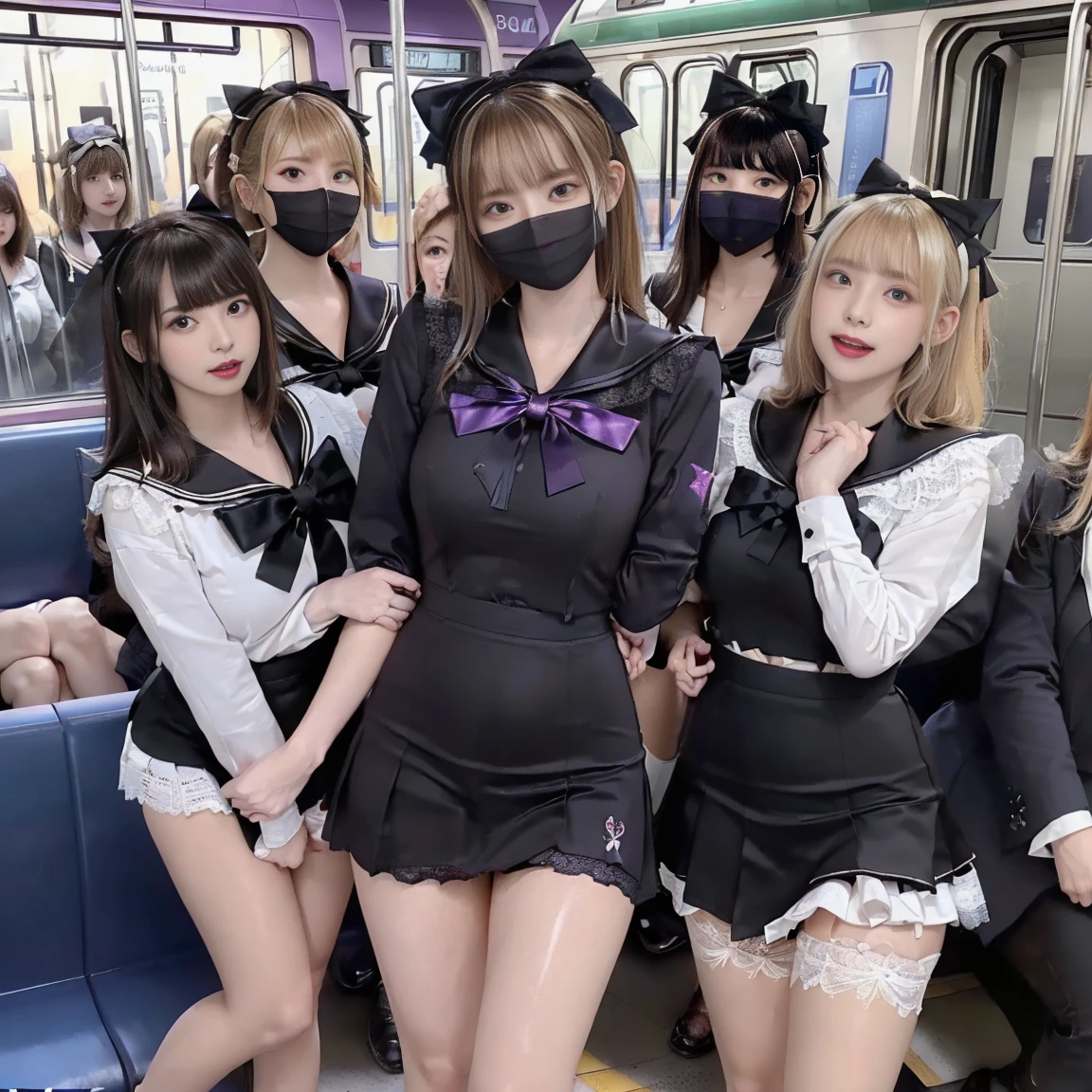 8K resolution, surreal, Super detailed, high quality, perfect anatomy, perfect proportion, masterpiece,
((((((A group photo in crowded train at night, 6 girls, group photo)))))),
(((((purple, black face mask, jirai fashion, sailor collar, gothic sailor uniform, Lace, mini skirt, bow ribbon))))),
((((happy, grin, detailed face)))),
((((blond hair, bleached hair)))), (((impossible breasts))),
(((shiny oiled skin, detailed skin))),
(((tight clothes, thigh, bare legs))), looking at viewer