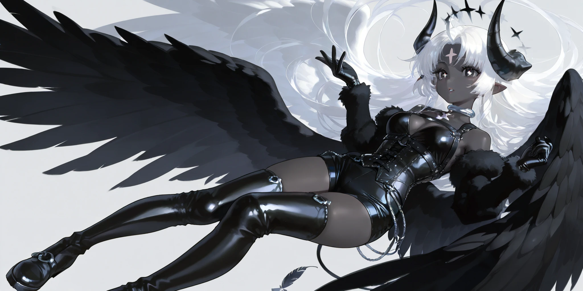The girl is a fallen black-and-white angel. Her hair is obsidian black and long and straight with white highlights. her eyes are dark black with white inverted crosses-like pupils. She has dark grey skin and pointed ears. In the center of her forehead she has a one black unicorn-like horn decorated with silver chains. She is wearing a black jumpsuit with short shorts, a fur collar and fur sleeves. She wears high hip-length patent leather boots with straps. She wears on her head a black patent leather cap with brooch in the form of a cross. She wears leather gloves. She's wearing silver choker, garters, shoulder-harness, and patent leather corset with inverted crosses. She has six wings on her back: three black wings and three white wings. She flies in a white heavenly city in Celestial realm among the clouds, leaving a trail of black feathers behind her. She has a black sword-cane in her hand.