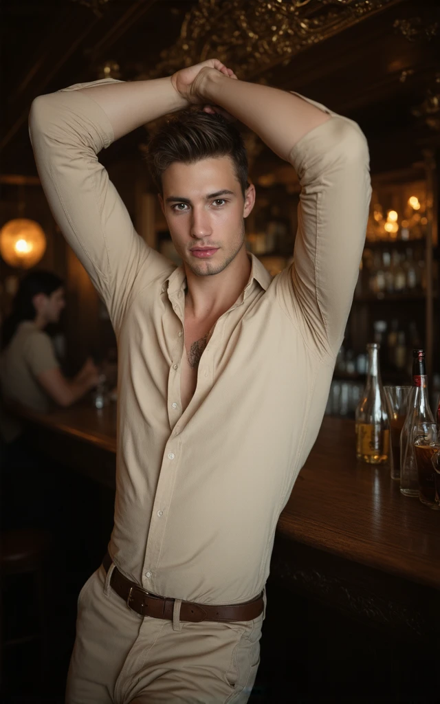 Young handsome cute beautiful skinny white face without shirt de cowboy detras de el casa un bar de cowboy