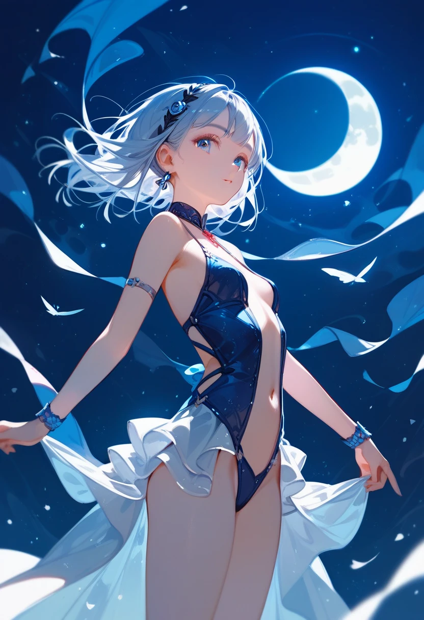 (Masterpiece), (Top Quality Anime Illustration), (Super Definition), One Girl, Solo, Silver-haired Beautiful Girl, Anime , Cat Ear Lolile Color White Silver See-Through Dress, Sleeveless, Smile, Cleavage Emphasis, Lower Breast Enhancement, Thighs, Tarot Card Style, Moon