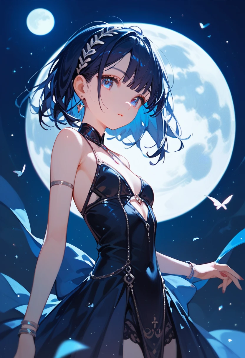 (((1 person))) ((High resolution Black Hair short hair shoulder)) ((Black Band Lonely despair blue eyes)) moon star nude chest clothes open beautiful girl high school girl